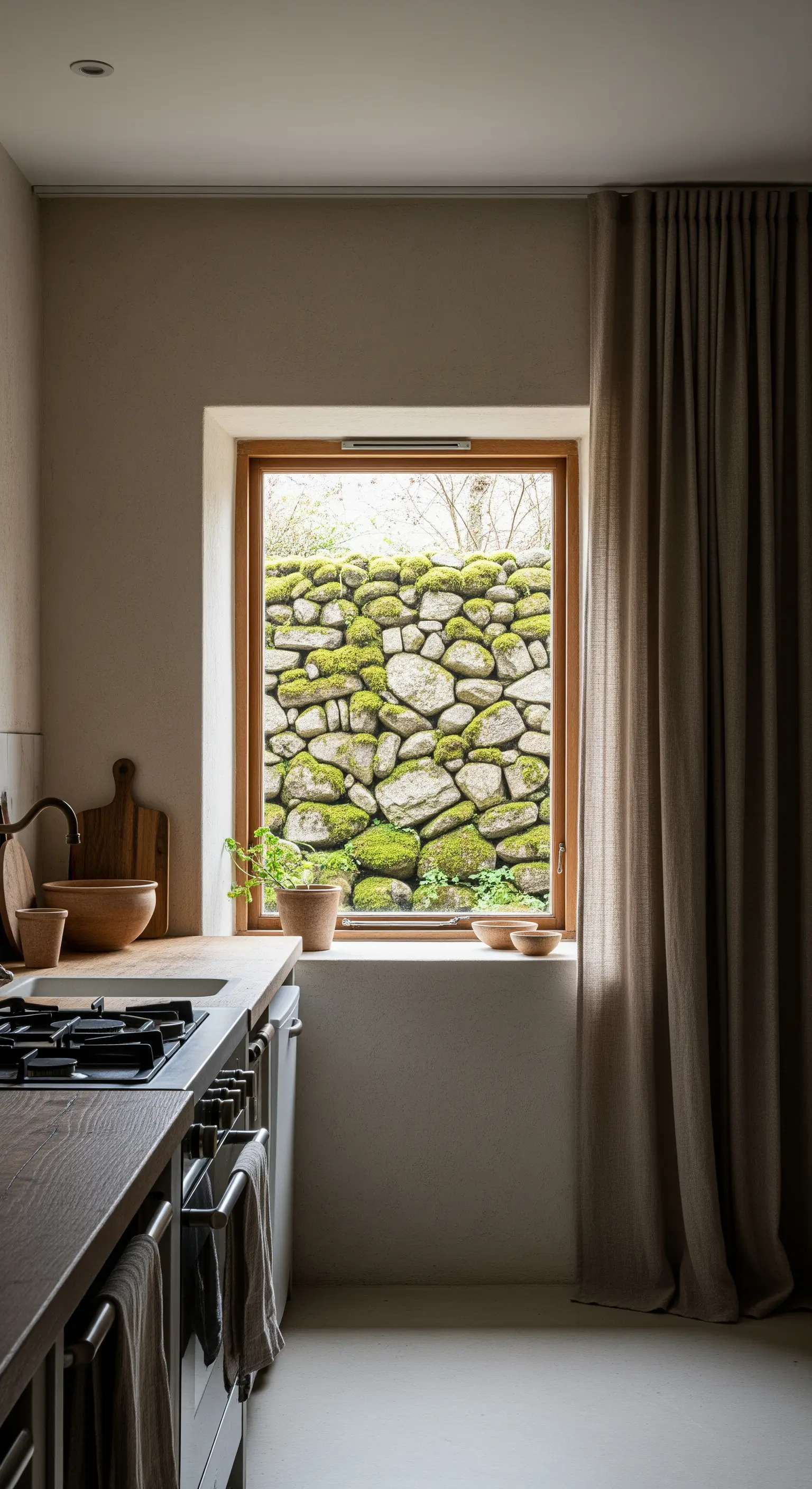 Cucina con finestra che si affaccia su un muro di pietra con muschio.