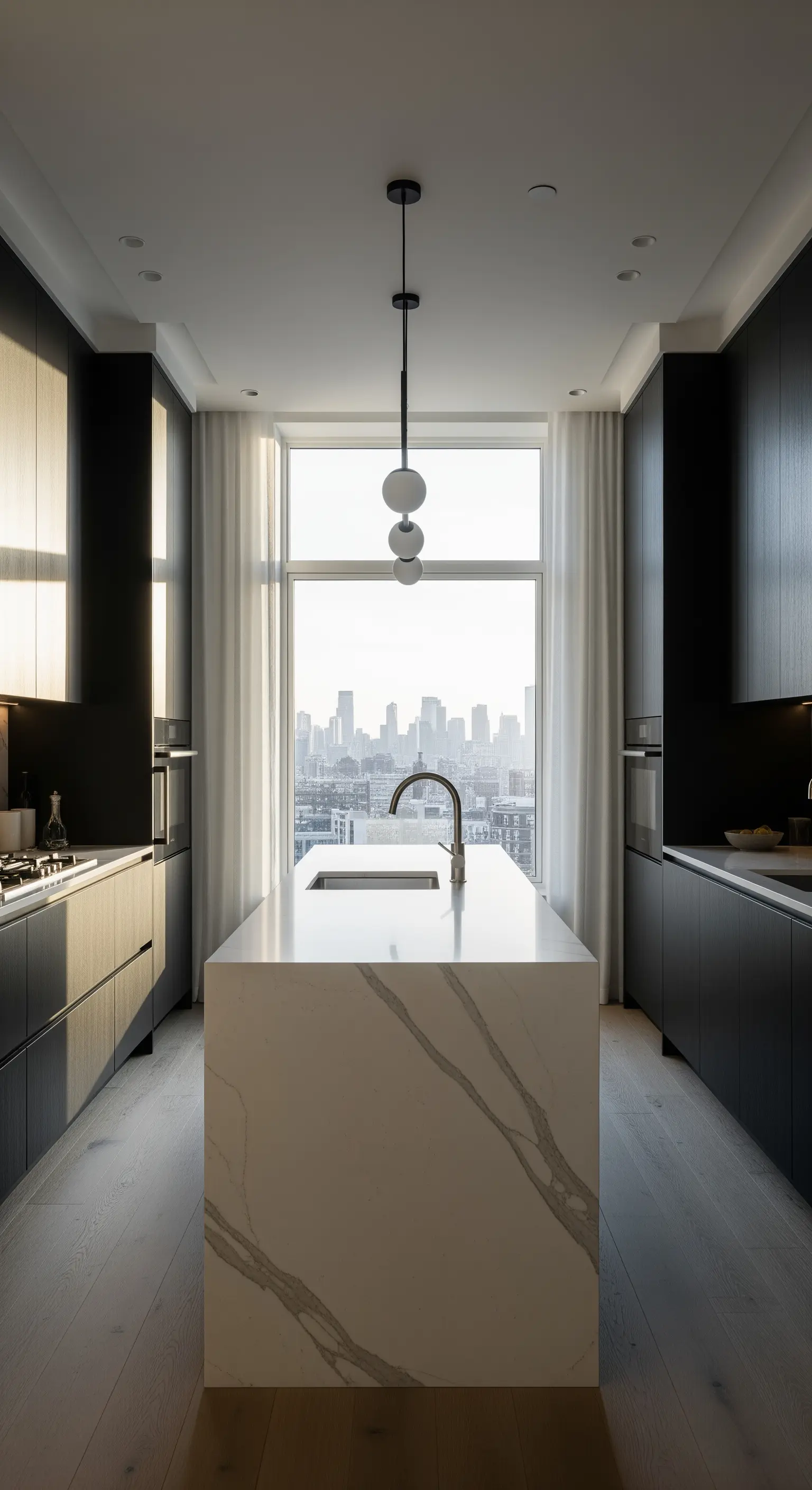 Cucina moderna e scura con isola in marmo e vista sulla città.