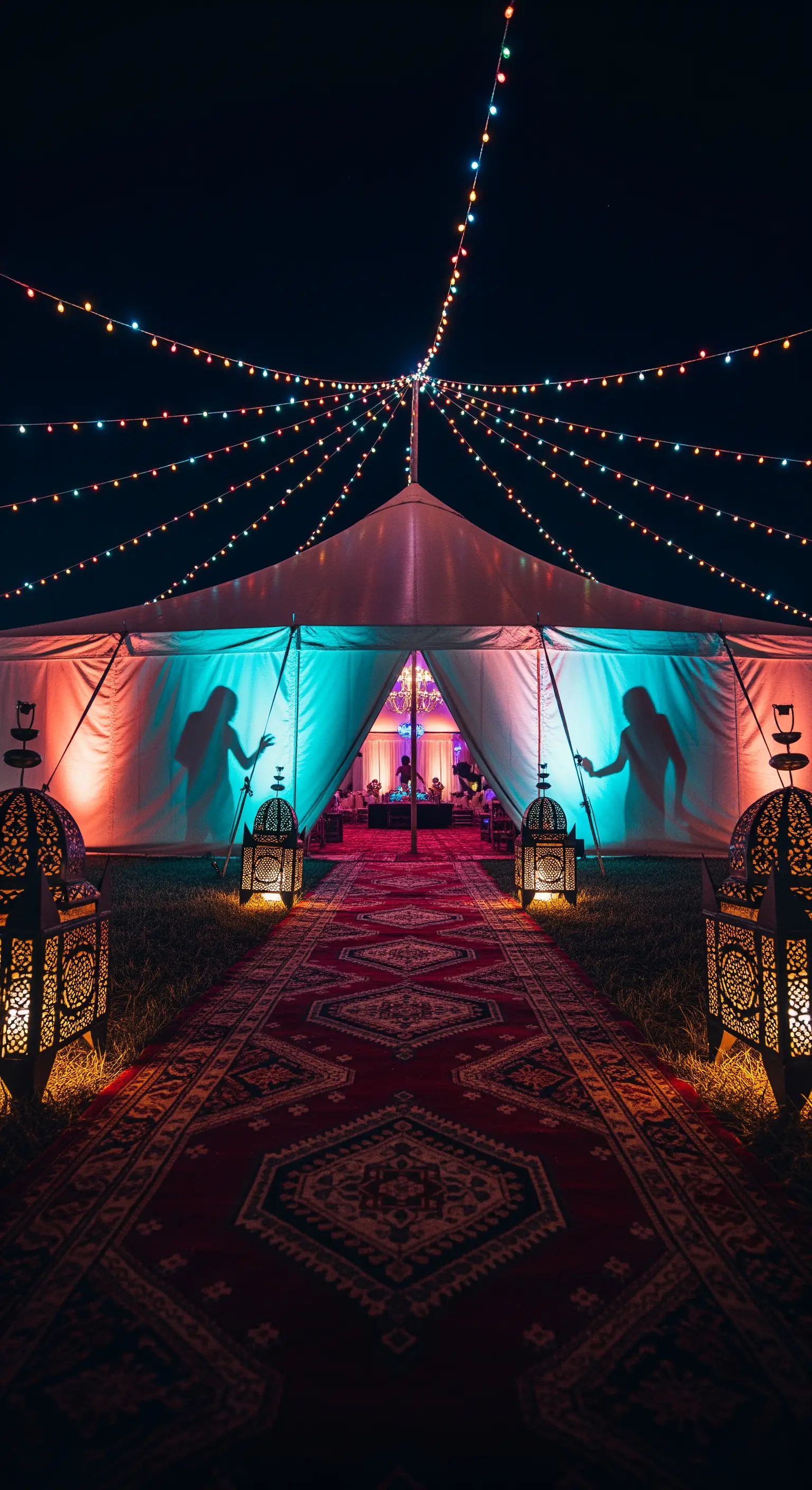 Grande tendone da festa illuminato dall'interno con un sentiero di tappeti e lanterne.