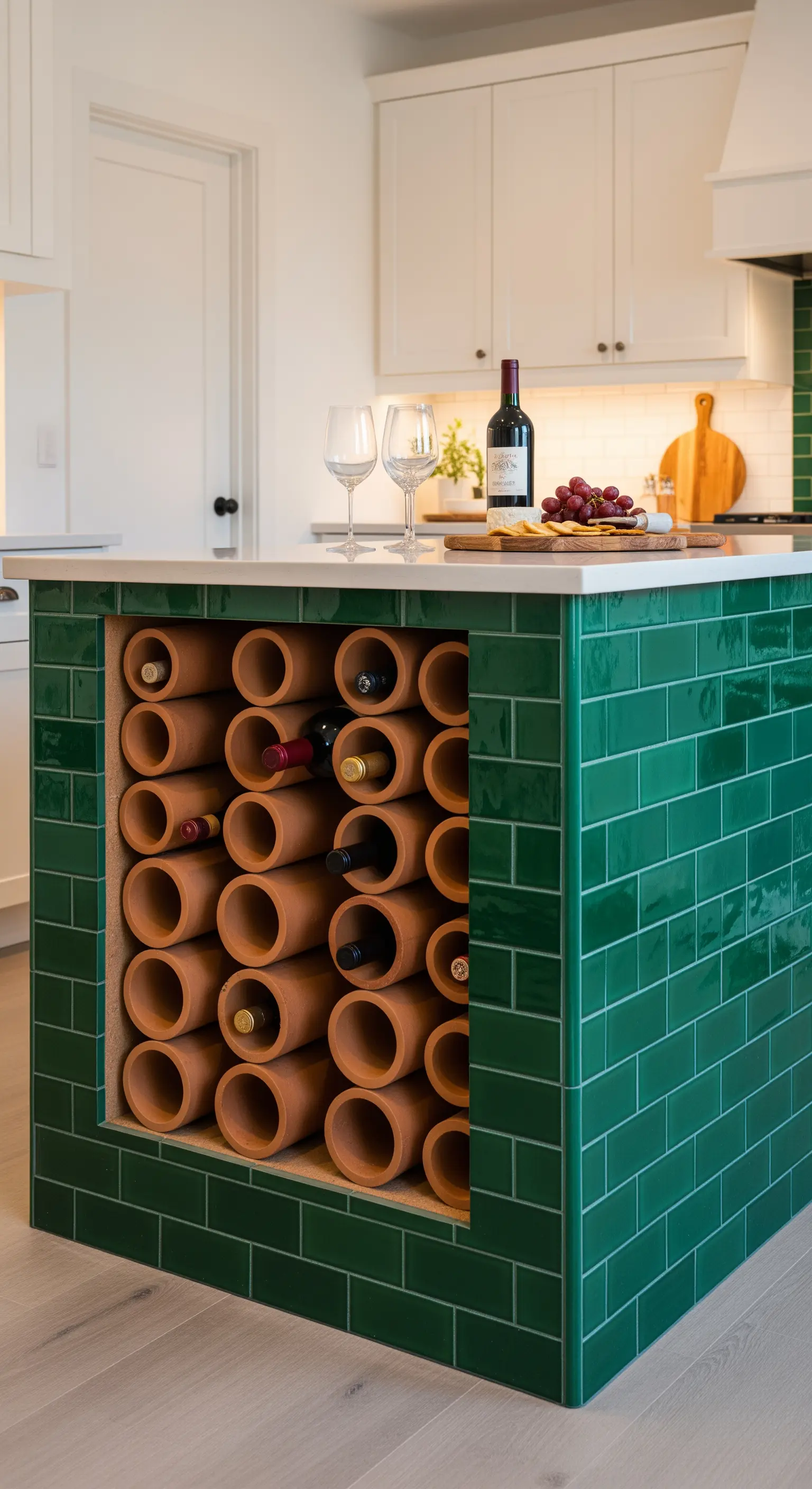 Isola cucina con piastrelle verdi e portabottiglie integrato realizzato con tubi di terracotta.