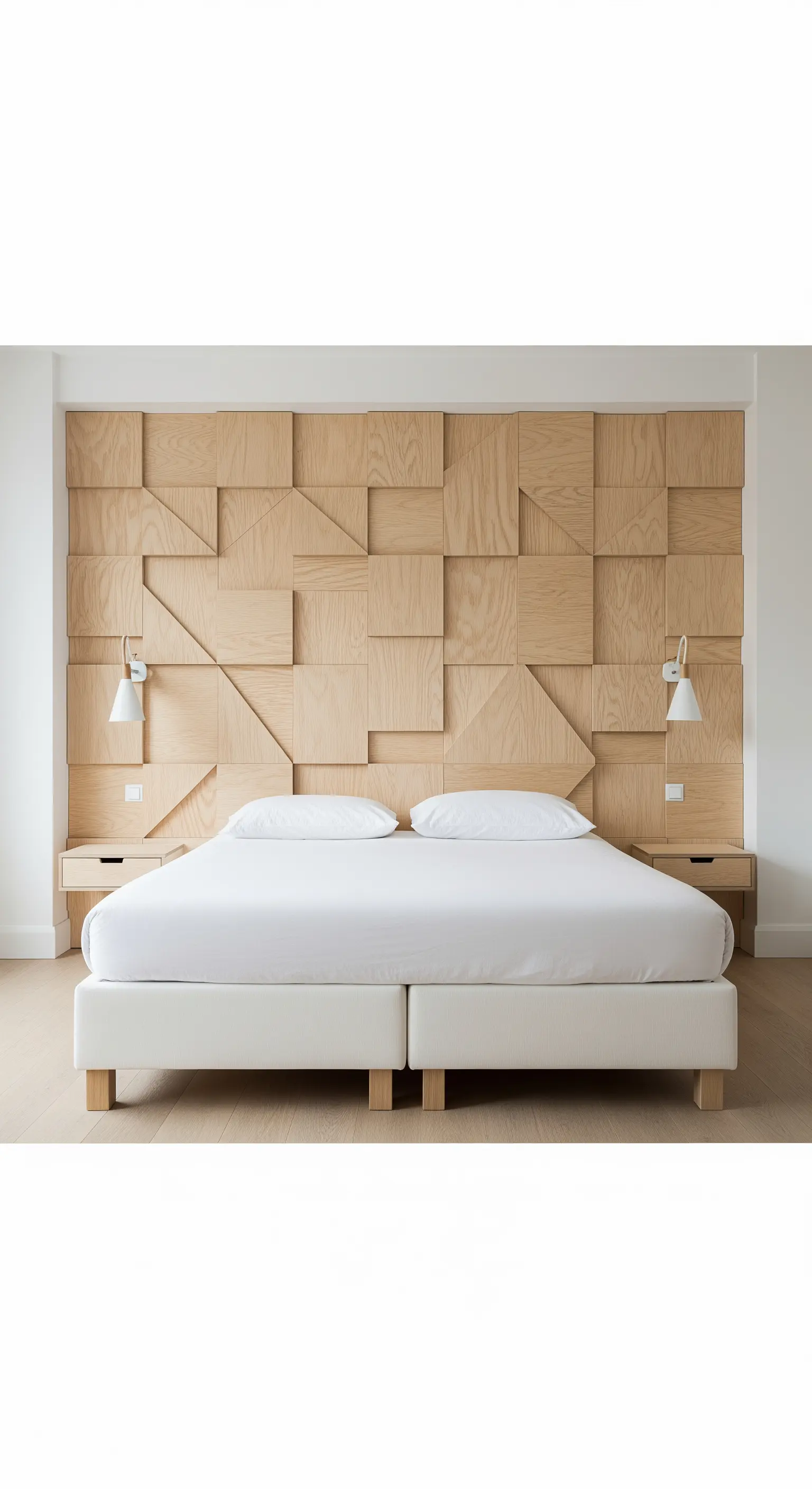 Testiera a tutta parete realizzata con pannelli geometrici in legno di rovere.