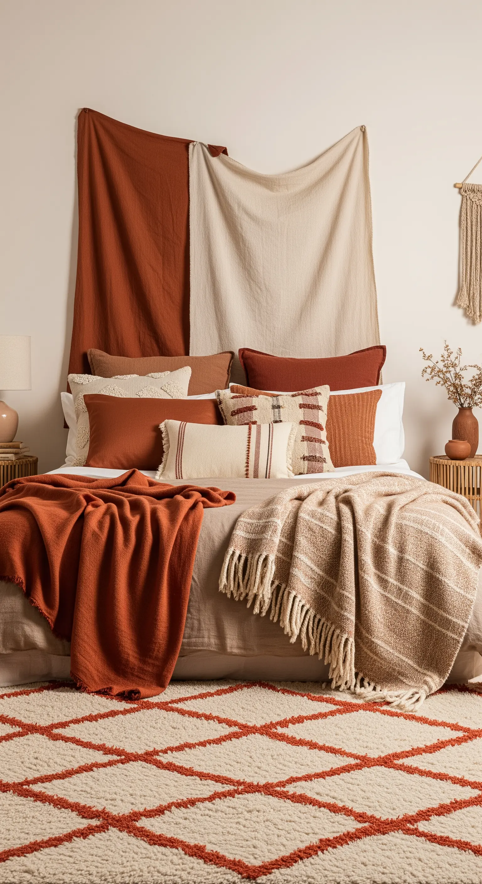 Letto con una testiera creata da teli di lino color terracotta e beige appesi alla parete.