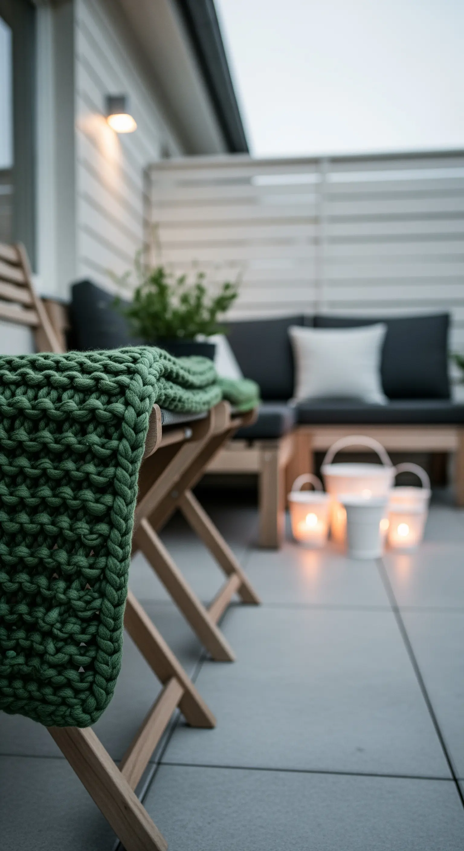 Dettaglio di un plaid verde a maglia grossa su una sedia pieghevole in legno.