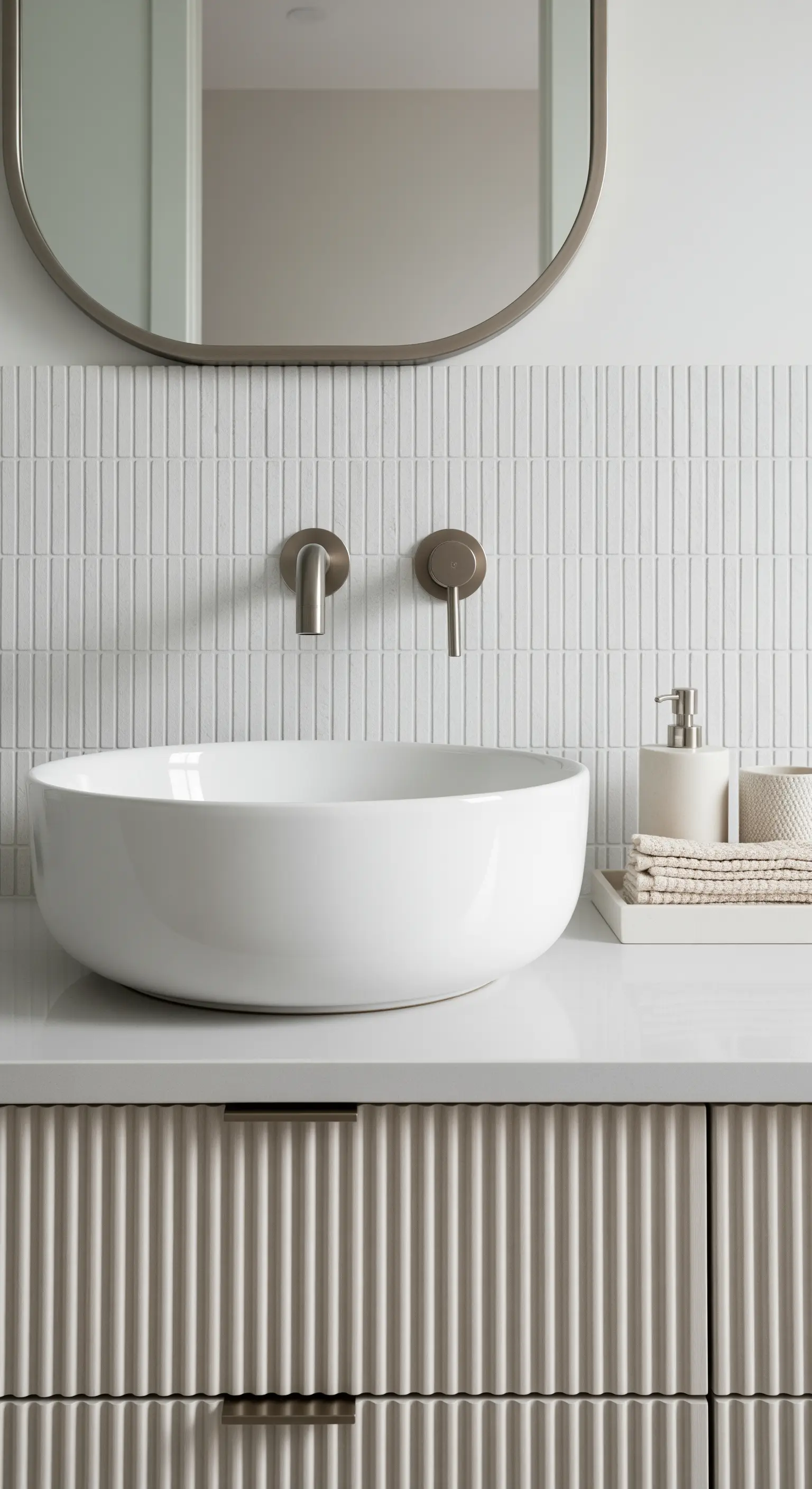 Mobile bagno cannettato color tortora con lavabo rotondo e piastrelle verticali.