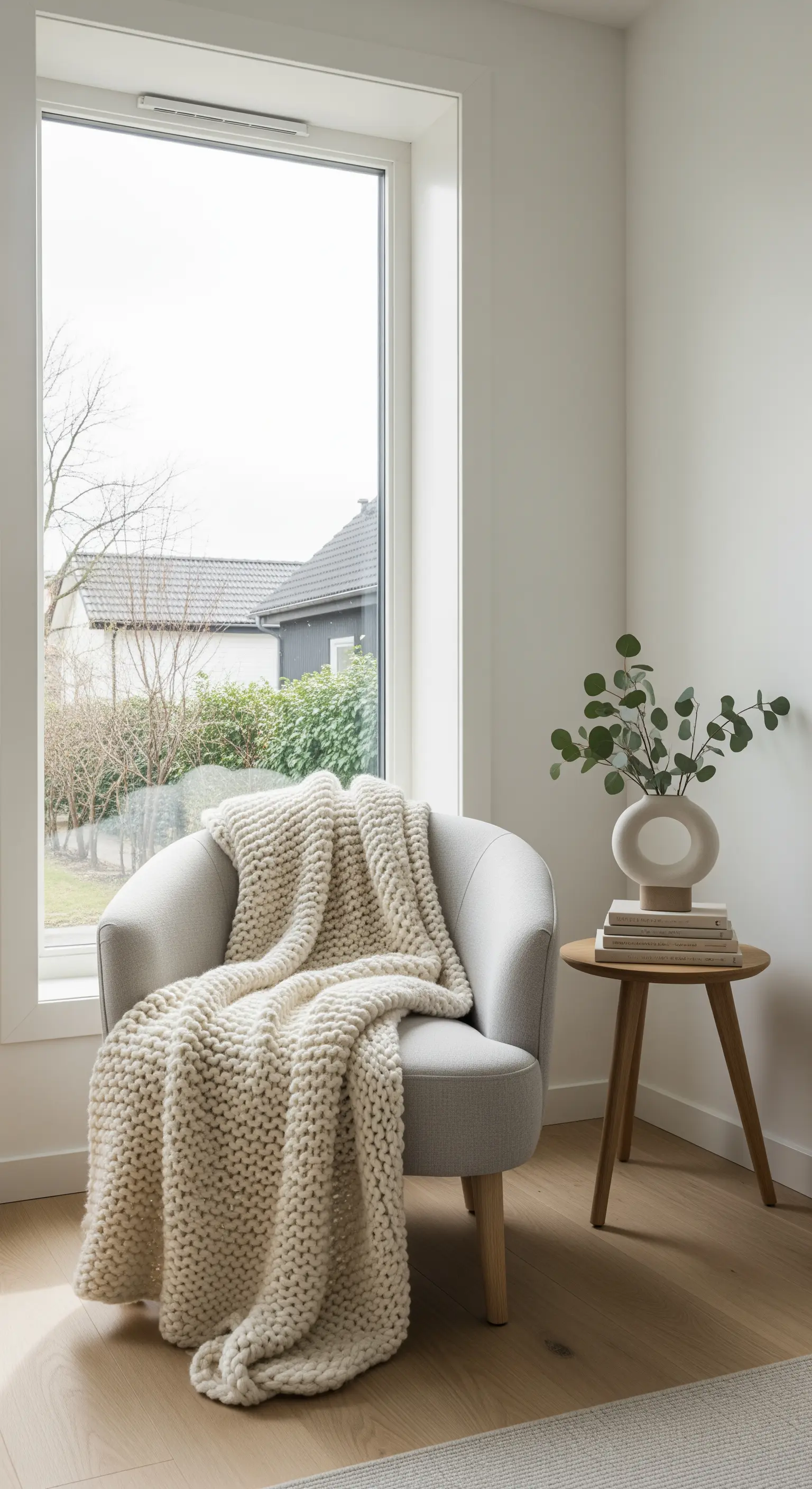 Angolo lettura con poltrona grigia, coperta in maglia spessa e tavolino in legno chiaro.
