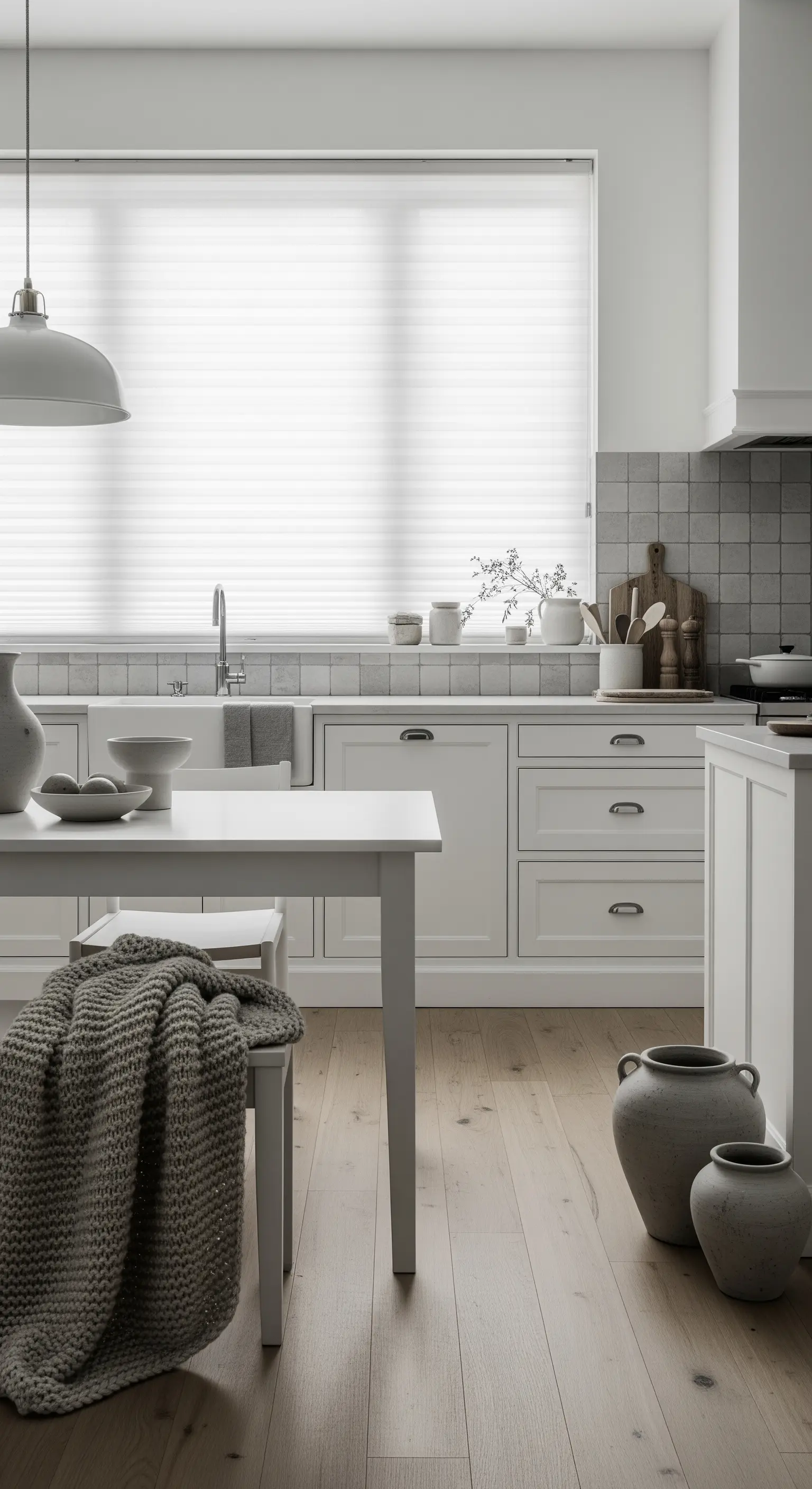 Cucina total white con tende plissettate e dettagli in ceramica grezza.