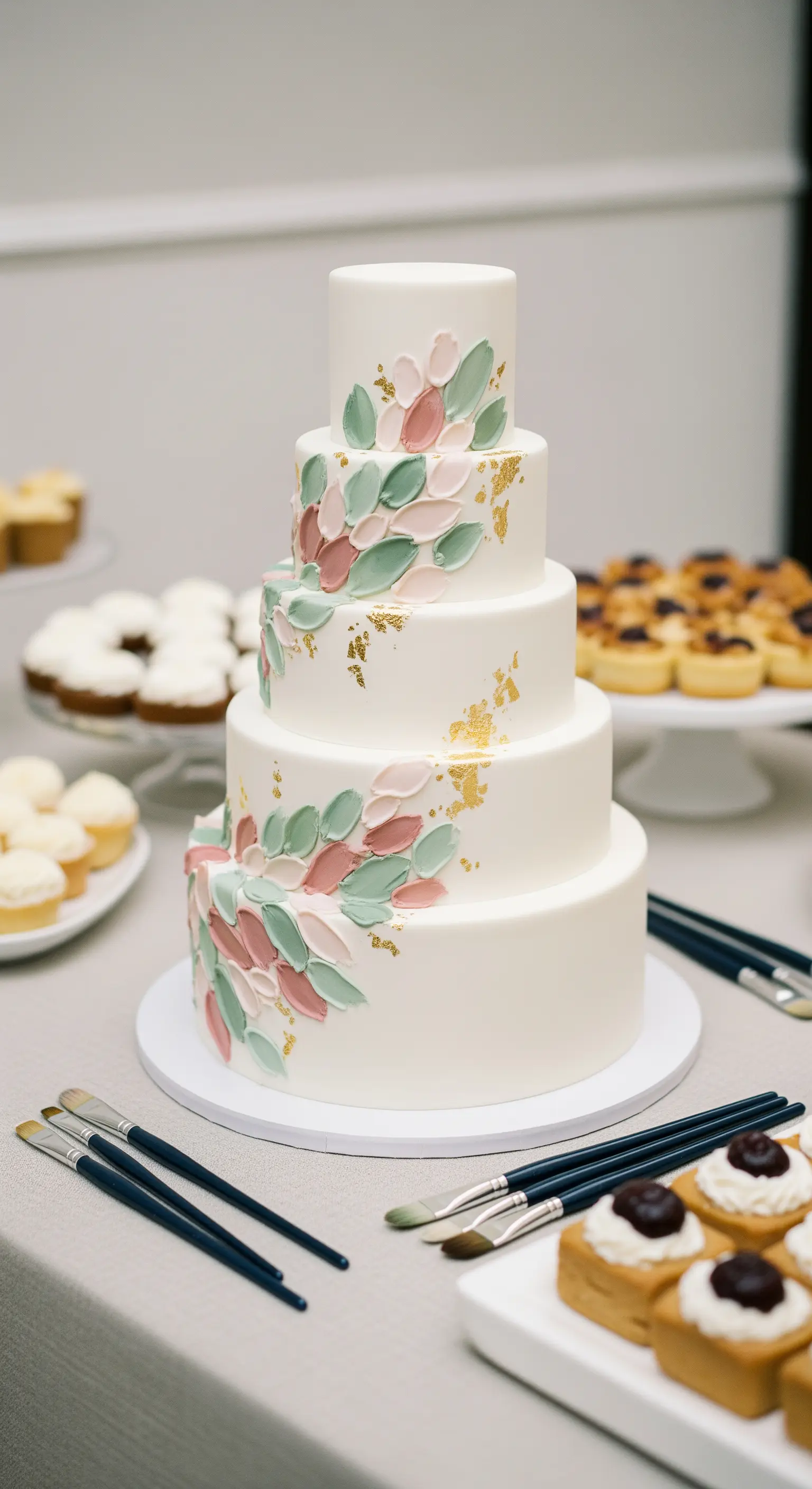 Torta nuziale a più piani decorata con pennellate di crema al burro rosa e verde e foglia d'oro.