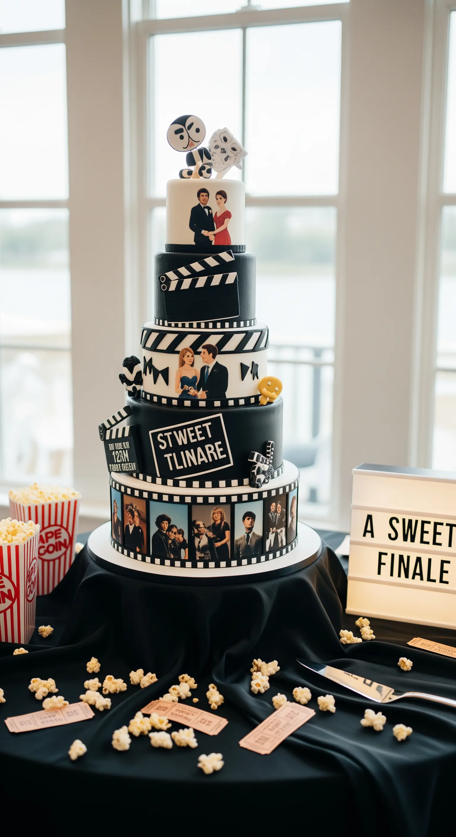 Torta nuziale a più piani decorata con pellicole cinematografiche, ciak e foto degli sposi