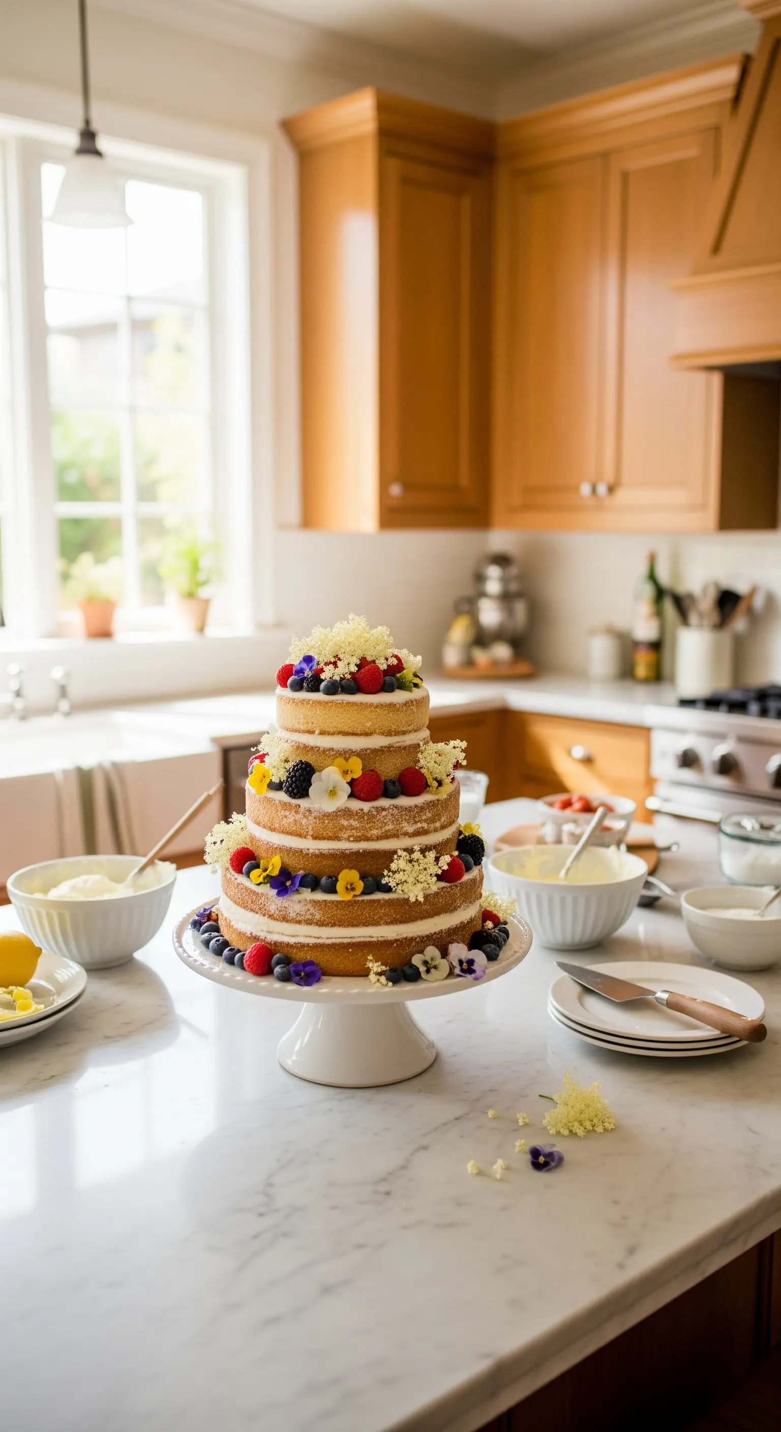 Naked cake a più piani decorata con frutti di bosco e fiori eduli su un'isola di marmo in cucina.