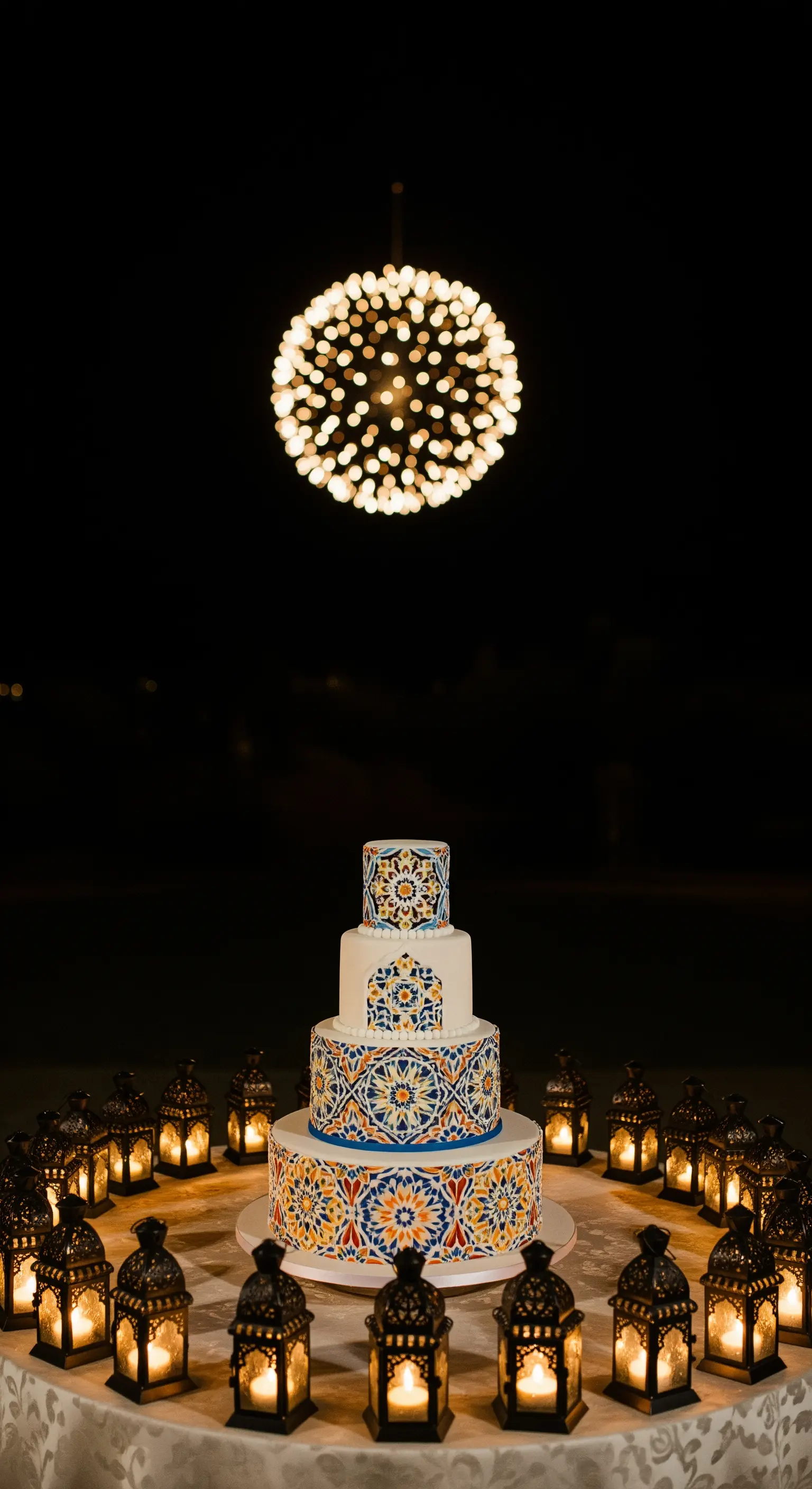 Torta nuziale decorata con mosaici, circondata da un anello di lanterne accese al buio