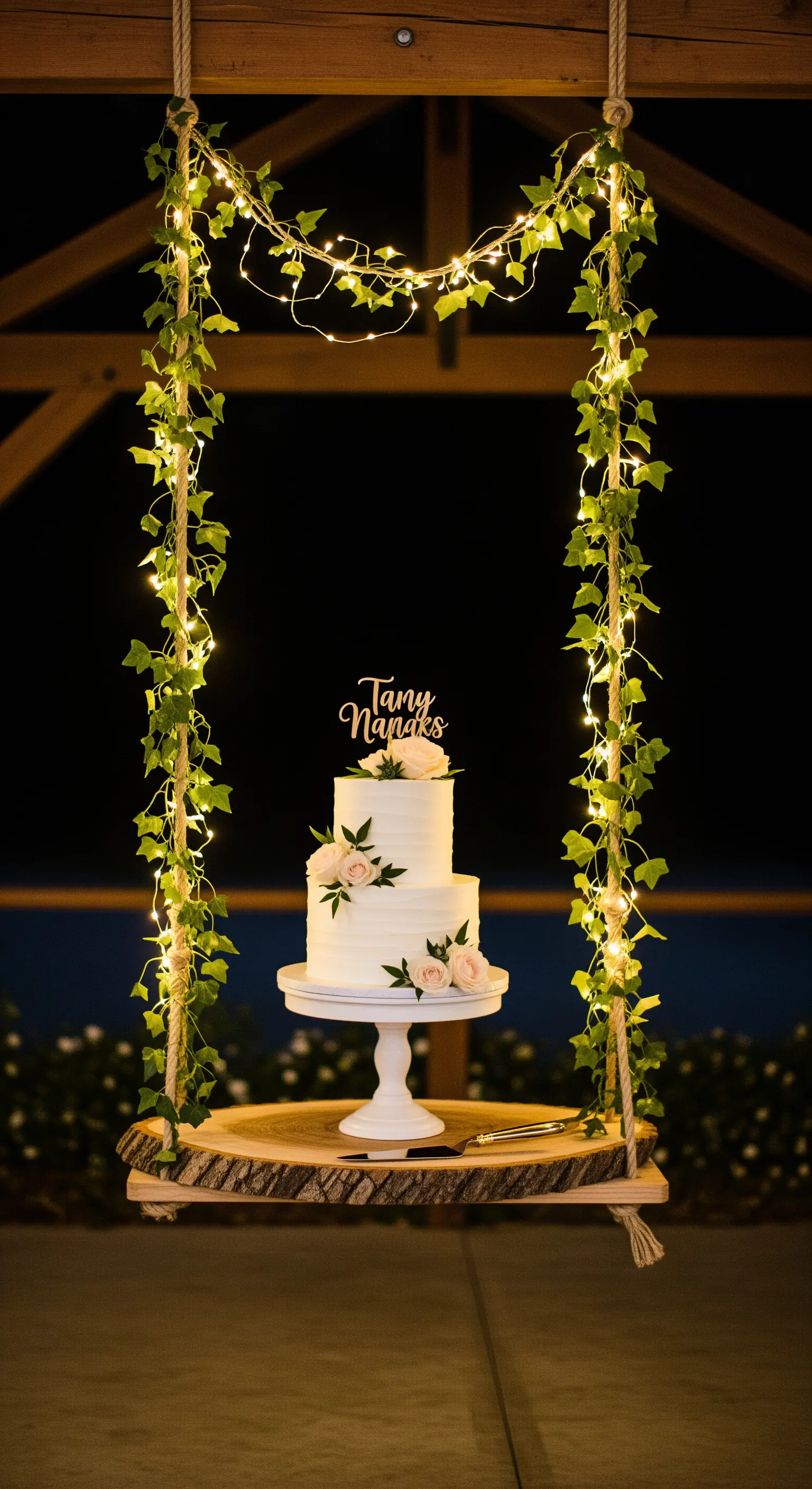 Torta nuziale a più piani esposta su un'altalena di legno decorata con luci ed edera.