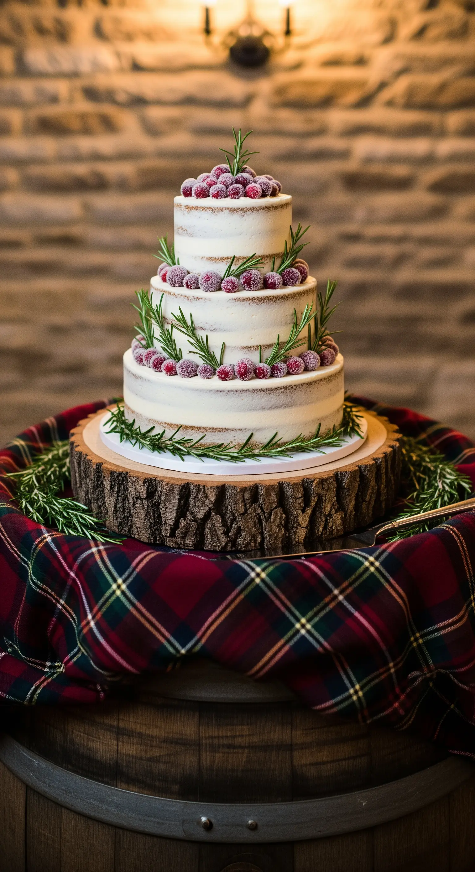 Naked cake a tre piani decorata con rosmarino e mirtilli, su un'alzata di legno e tessuto scozzese.