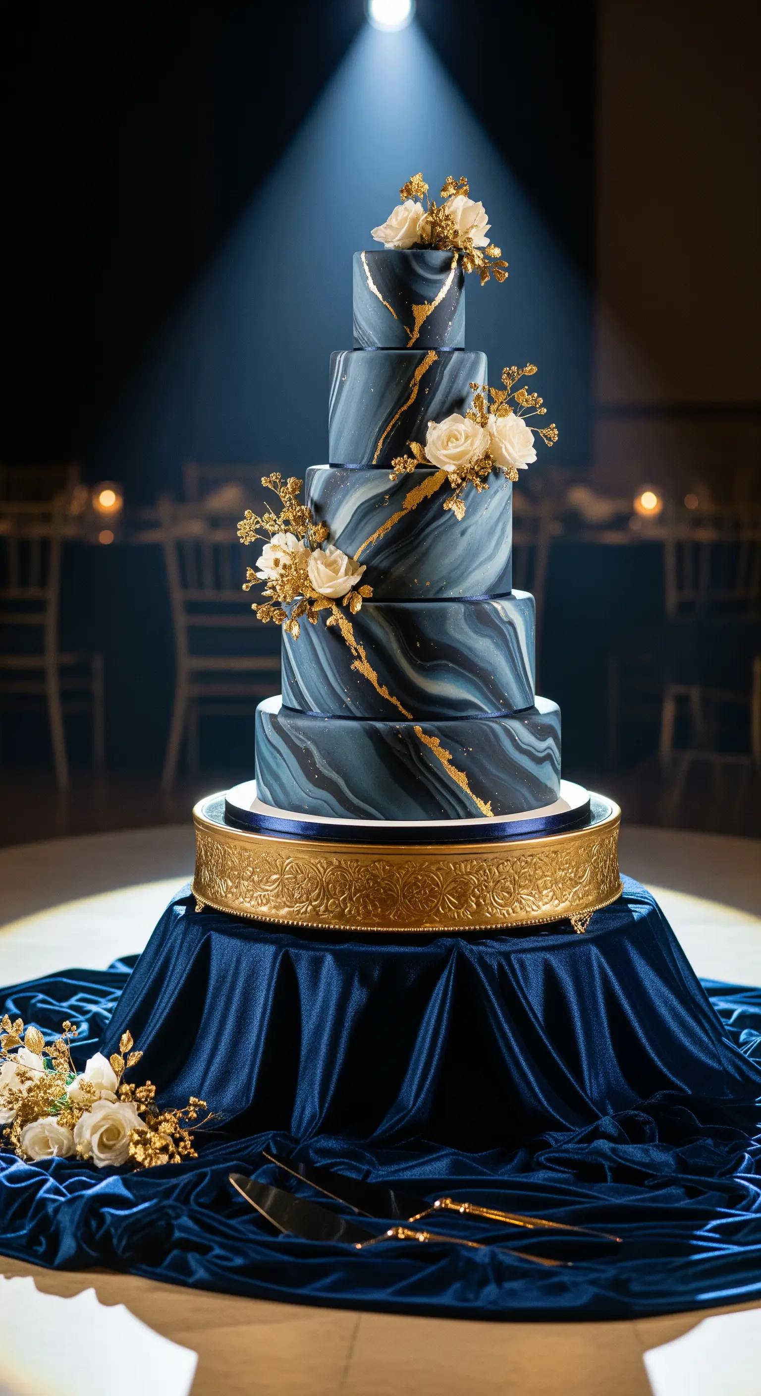 Torta nuziale a più piani con effetto marmo blu, dettagli dorati e rose bianche.