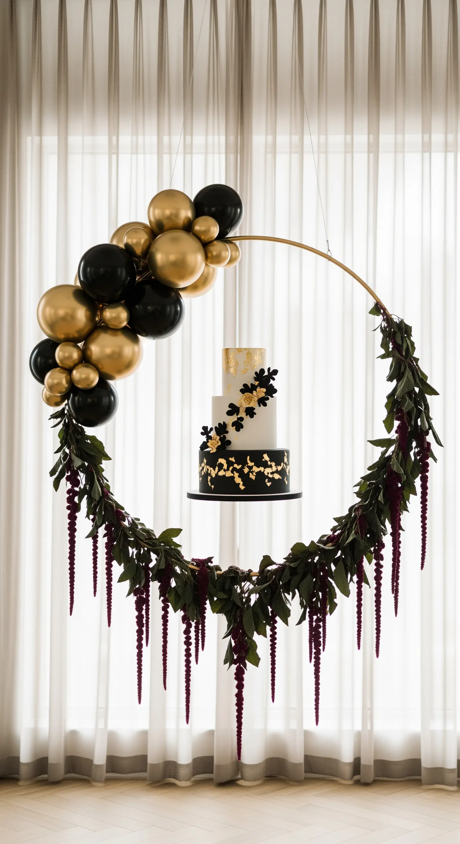 Torta nuziale nera e bianca sospesa al centro di un grande cerchio dorato.