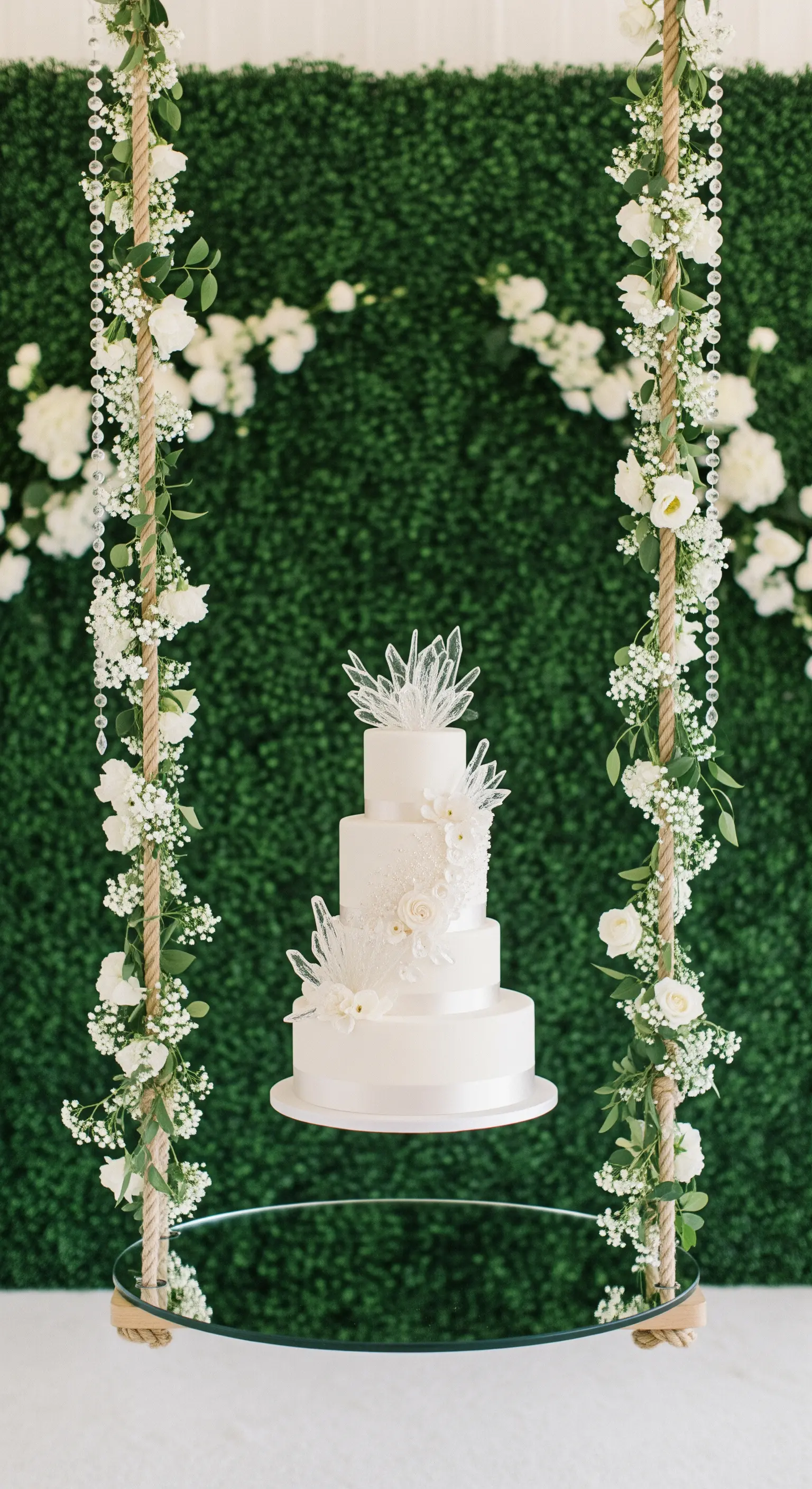 Torta nuziale bianca su un'altalena sospesa con base a specchio e decorazioni floreali.