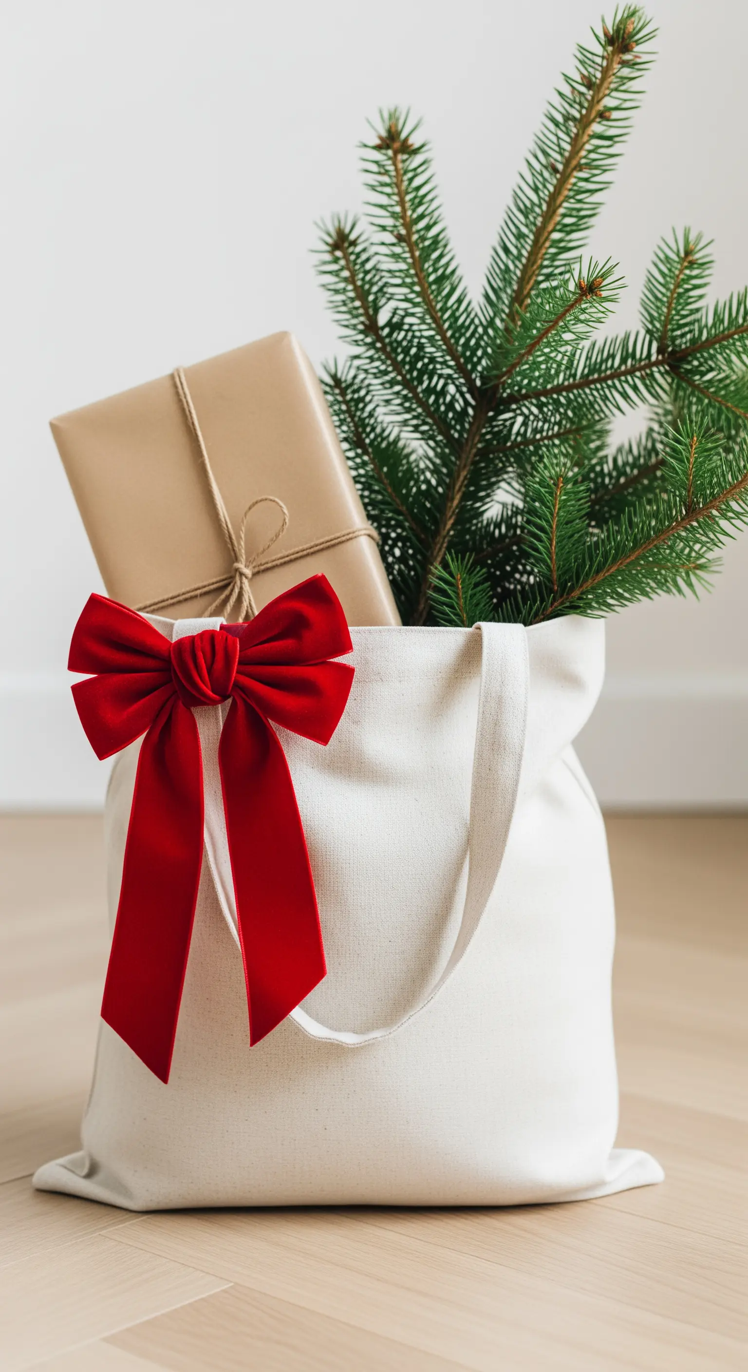 Borsa in tela bianca con un grande fiocco rosso, usata come pacco regalo sostenibile.