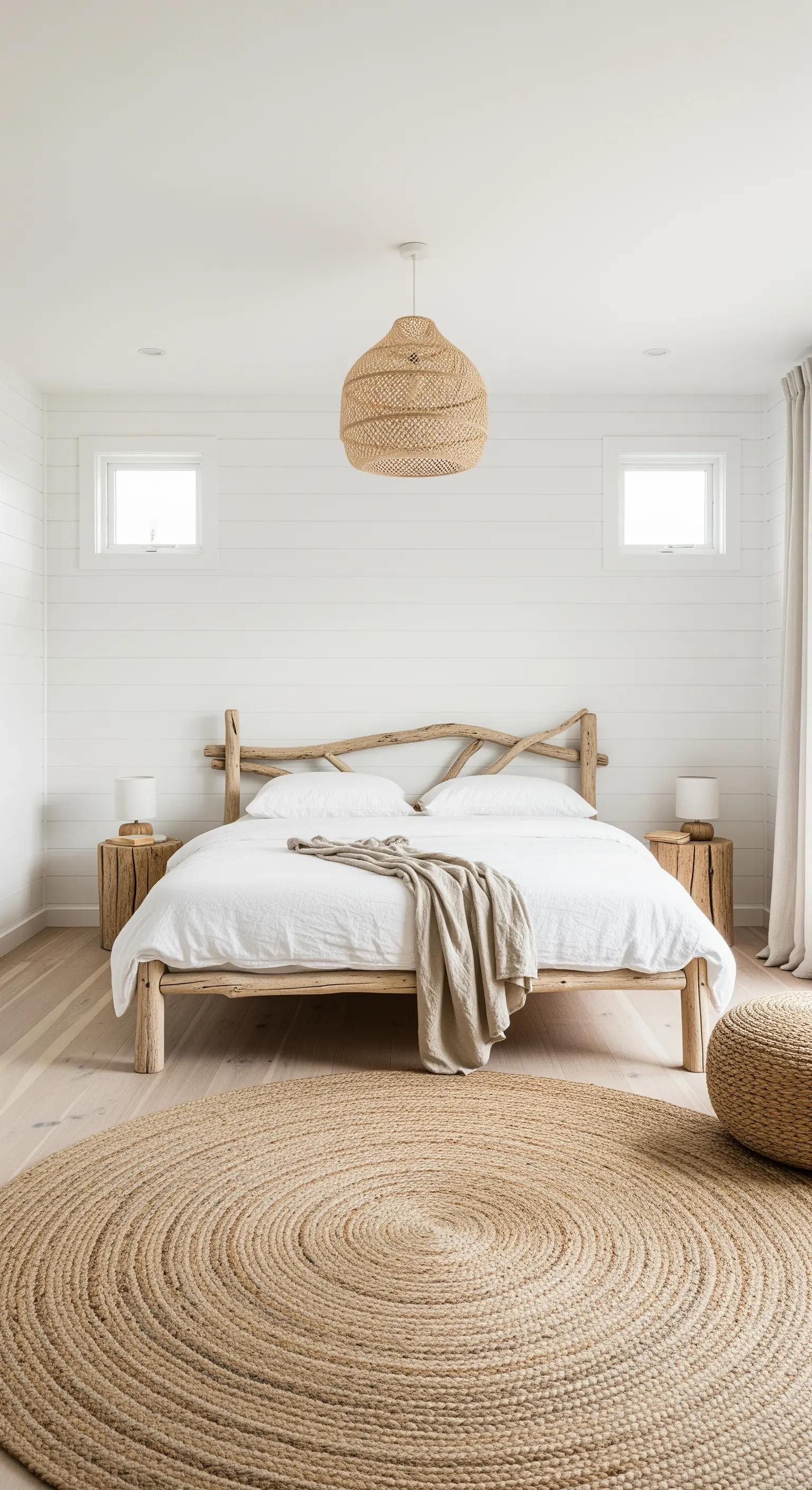 Letto in legno grezzo con testiera organica e tappeto rotondo in juta.