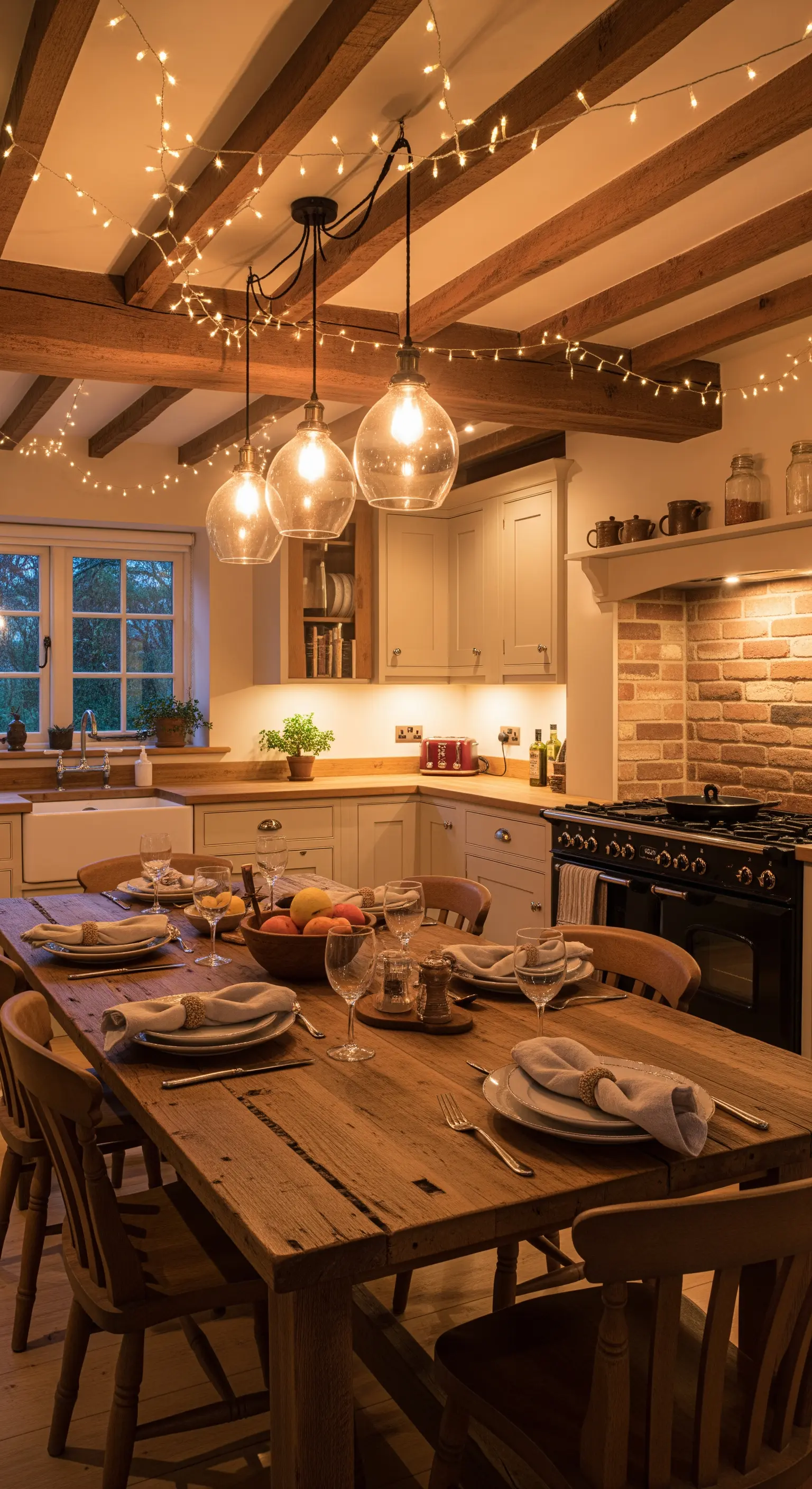 Cucina rustica con travi in legno a vista e luci a stringa che creano un soffitto luminoso.