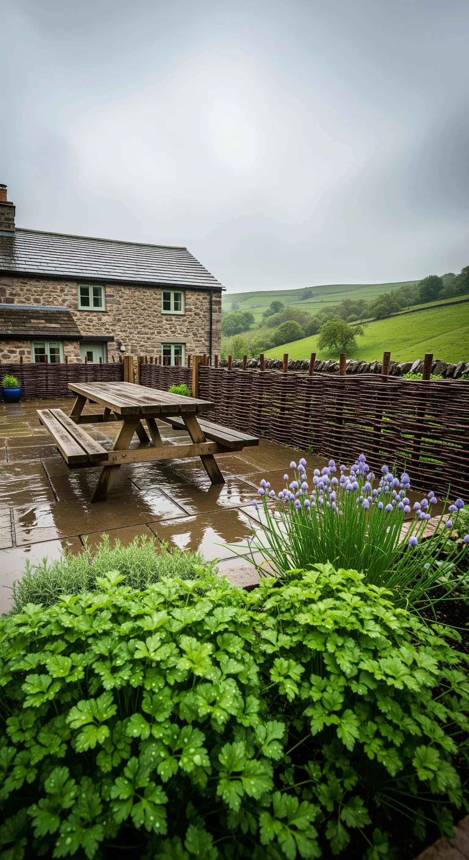 Recinzione in vimini intrecciato e orto di erbe aromatiche in un giardino di campagna.