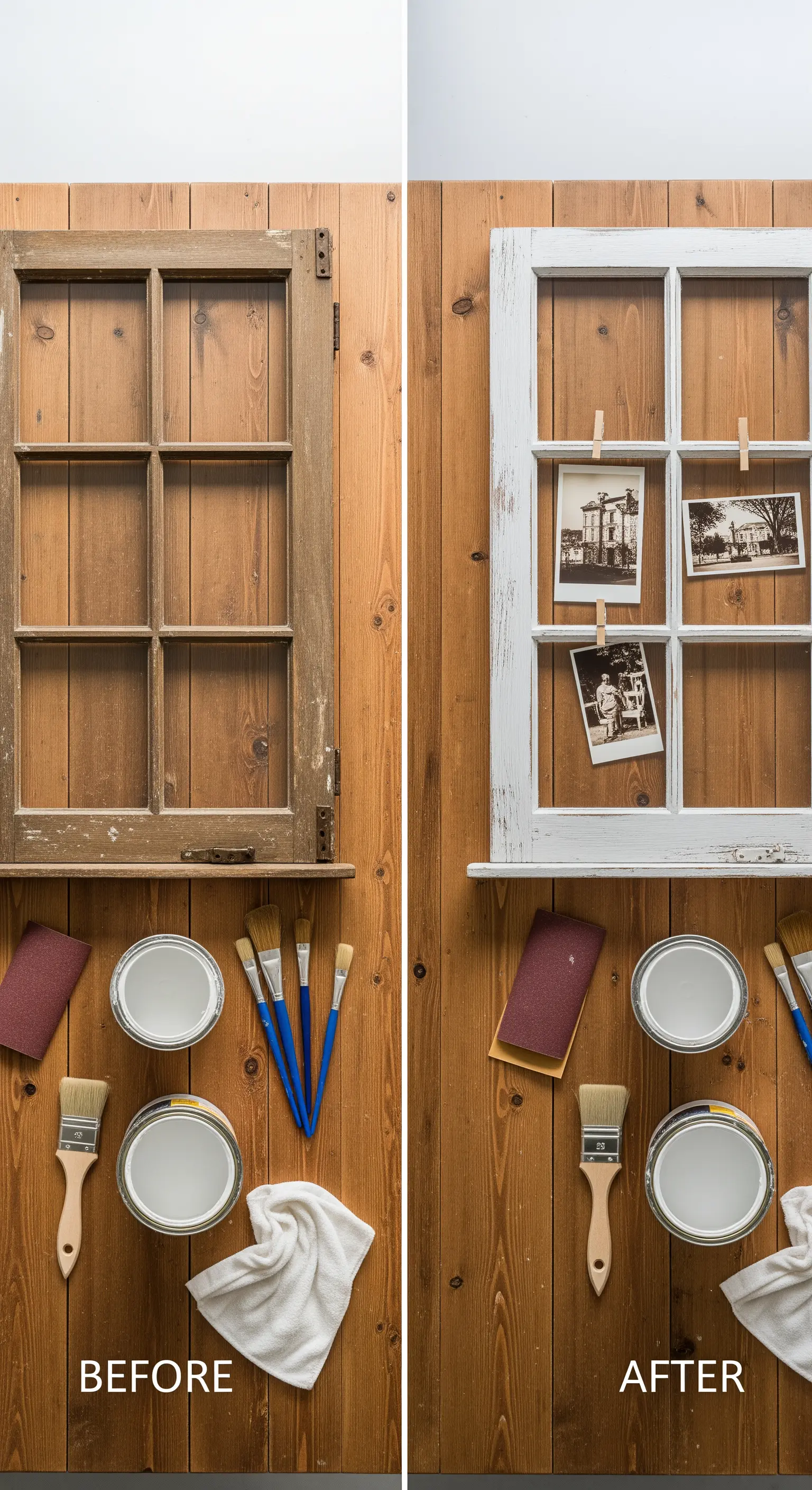 Confronto prima e dopo di una vecchia finestra in legno trasformata in una cornice bianca shabby chic.