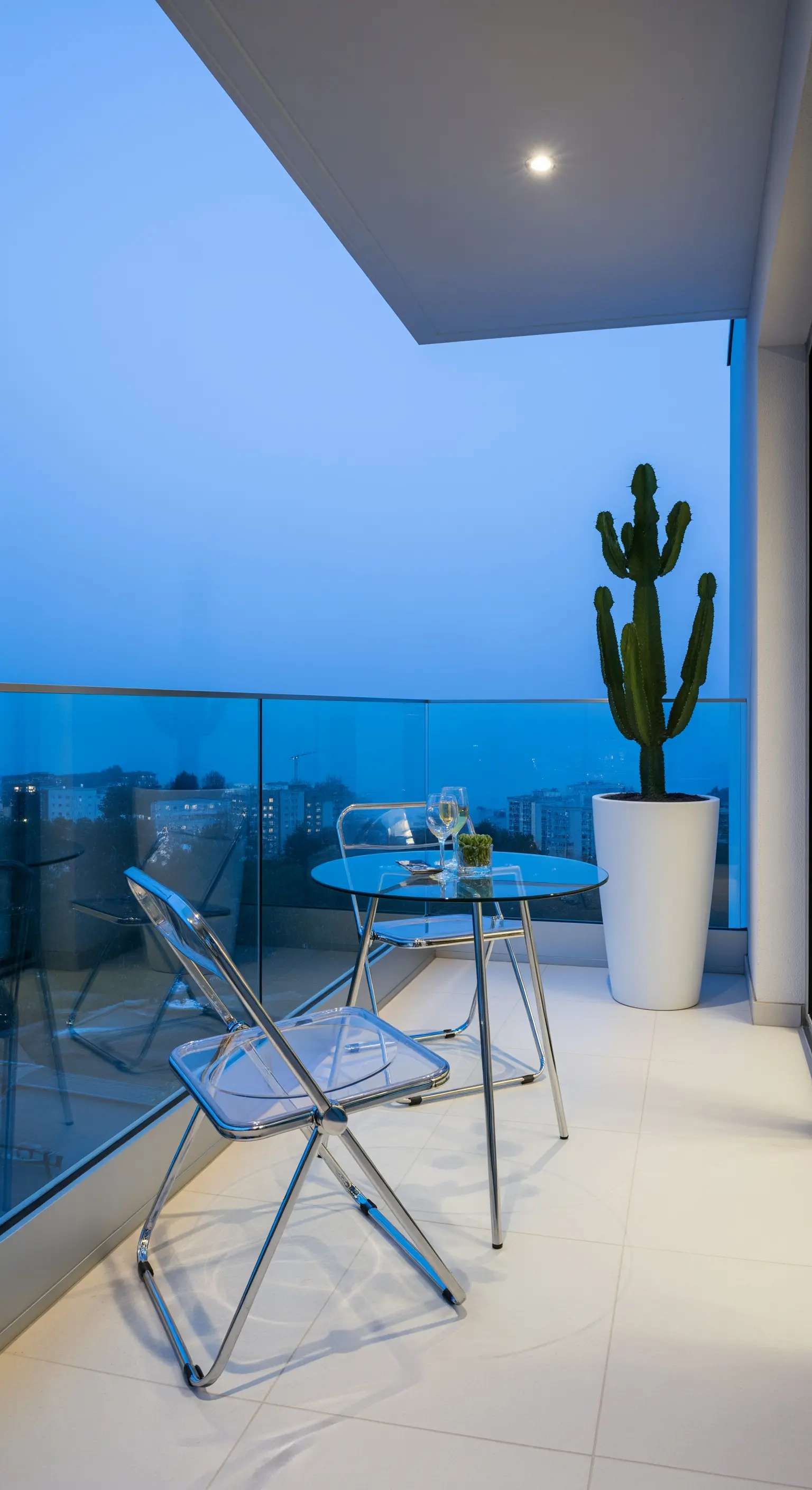 Balcone moderno di sera con sedie trasparenti, tavolo in vetro e un grande cactus illuminato.