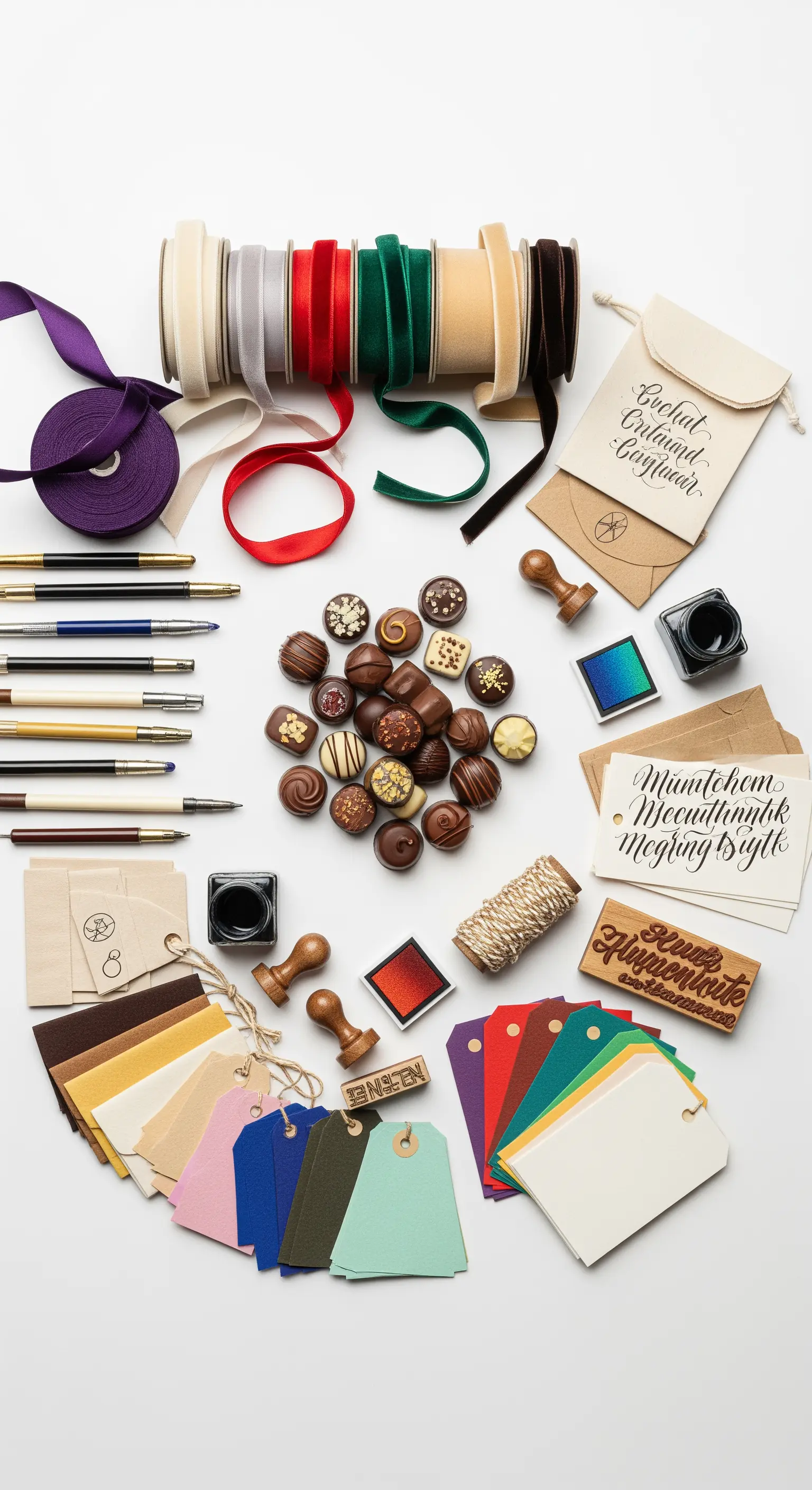 Scrivania con nastri colorati, etichette, timbri e cioccolatini, pronta per il confezionamento.