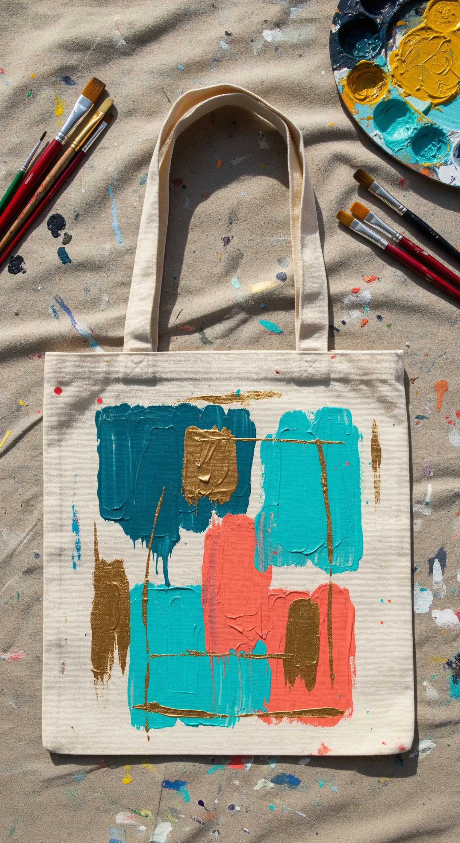 Borsa in tela neutra personalizzata con pennellate astratte di colore turchese, corallo e oro.