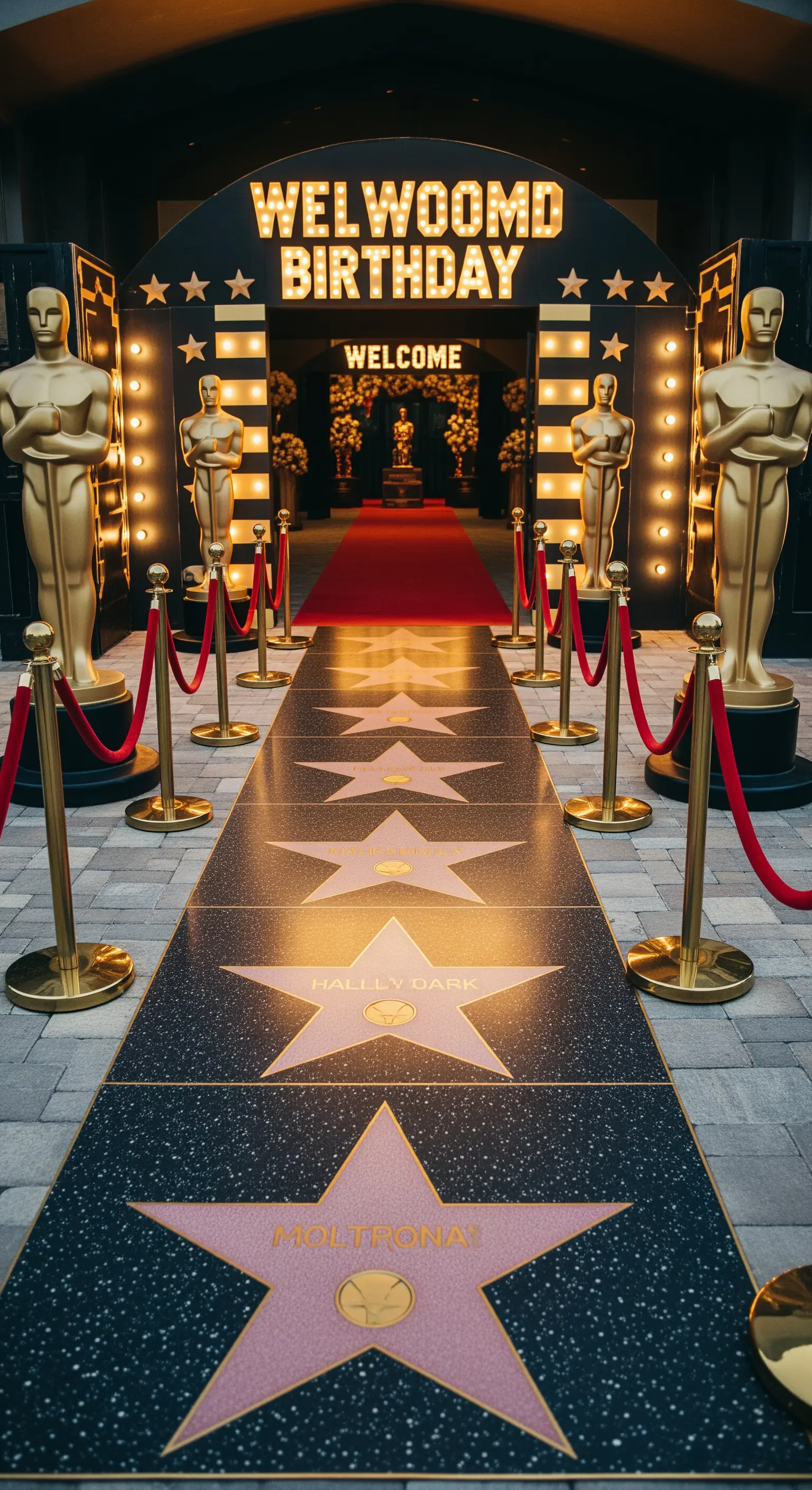 Tappeto stile Walk of Fame con stelle personalizzate e statue Oscar dorate.
