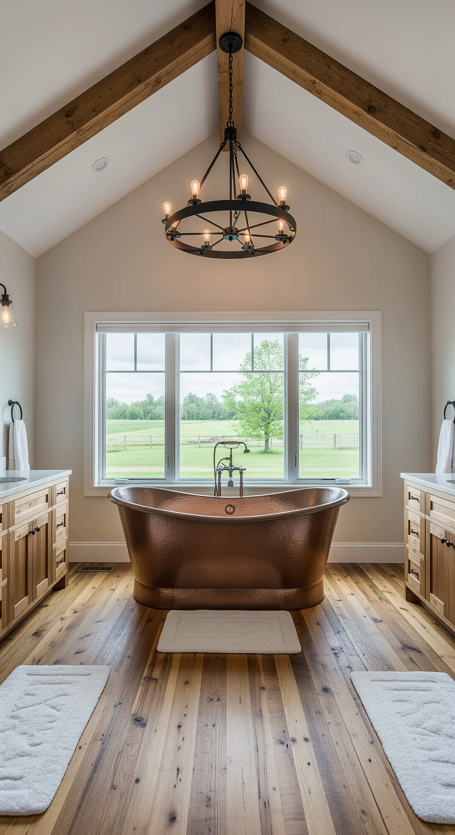 Vasca da bagno freestanding in rame martellato in un bagno rustico con travi a vista.