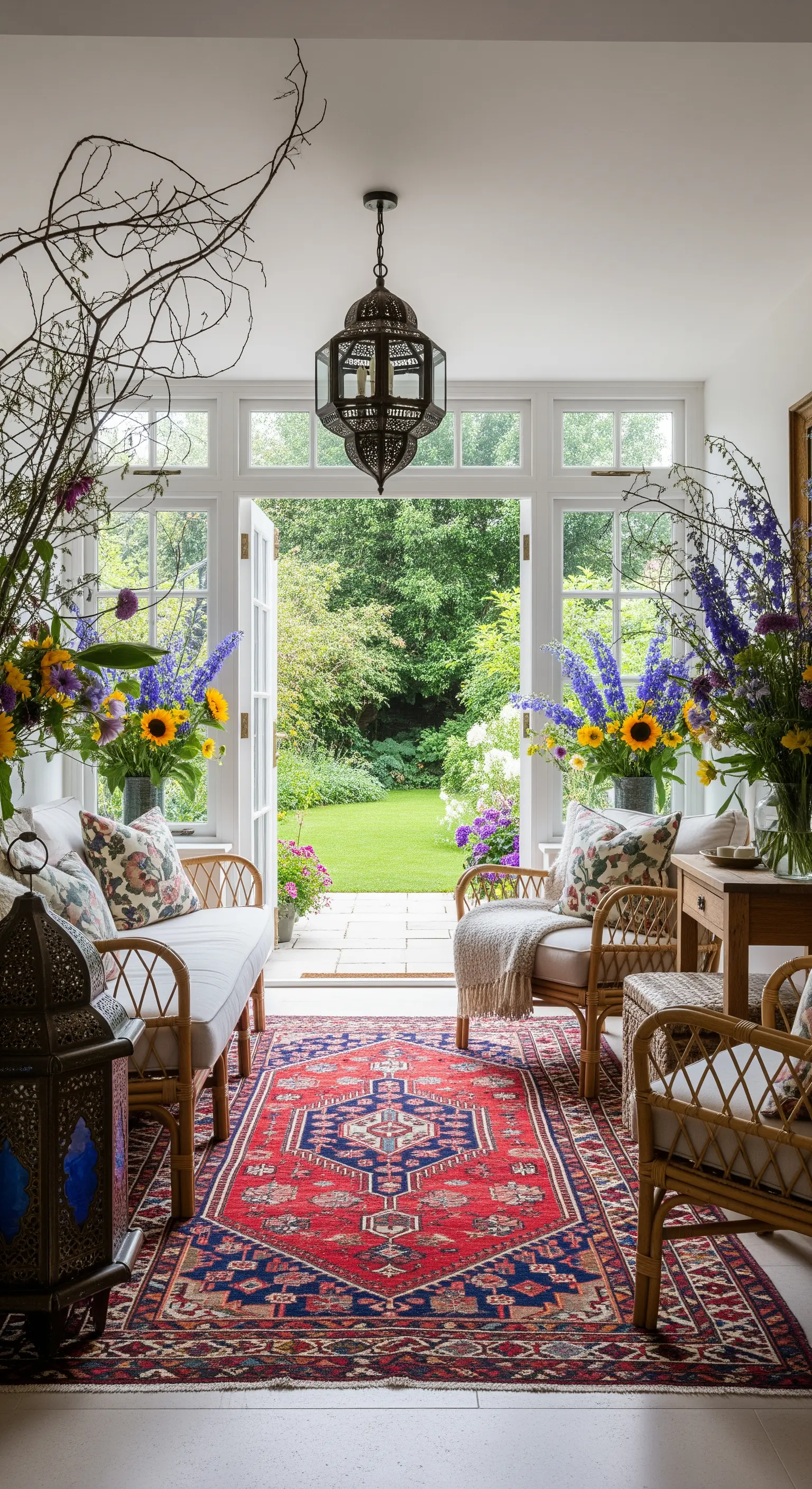 Veranda con mobili in rattan, grande tappeto kilim rosso e vista sul giardino.
