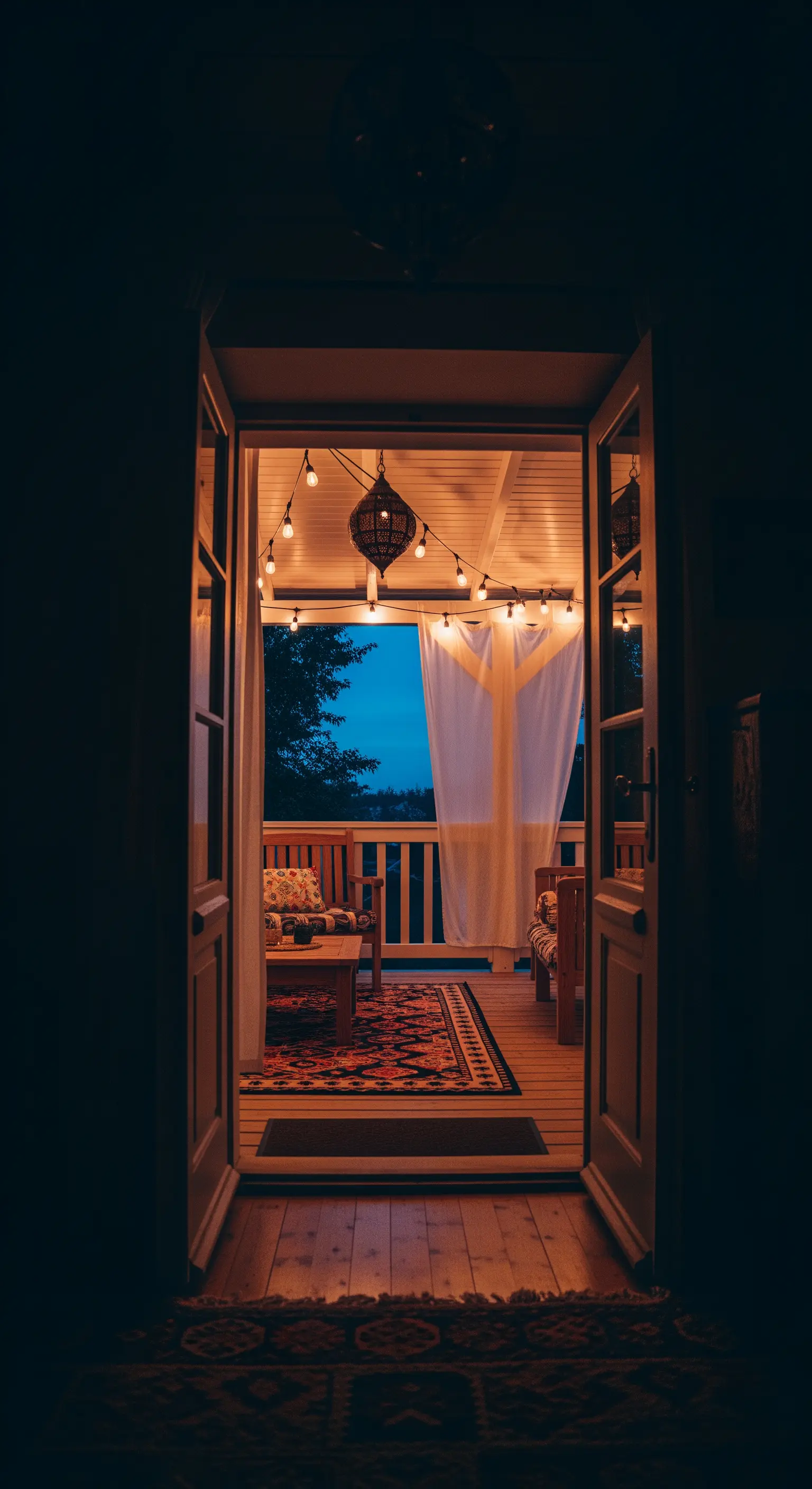 Vista di una veranda illuminata attraverso una porta aperta di notte.