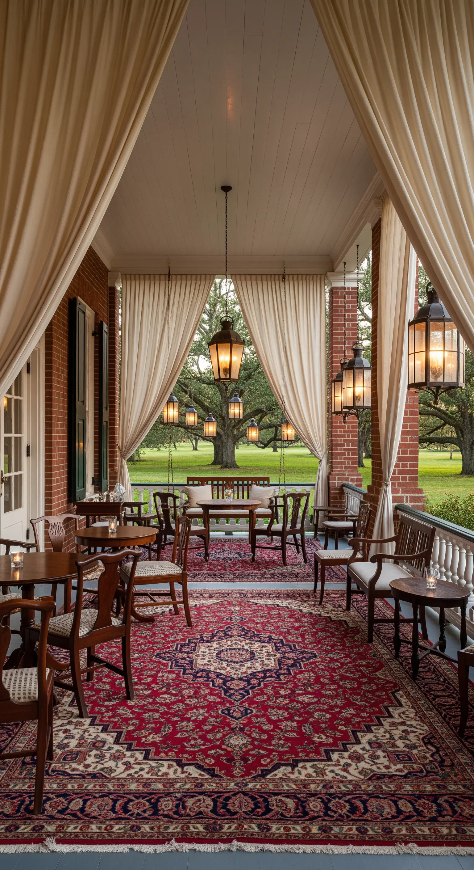 Ampia veranda con pavimento in mattoni, un grande tappeto persiano, e diversi set di sedute