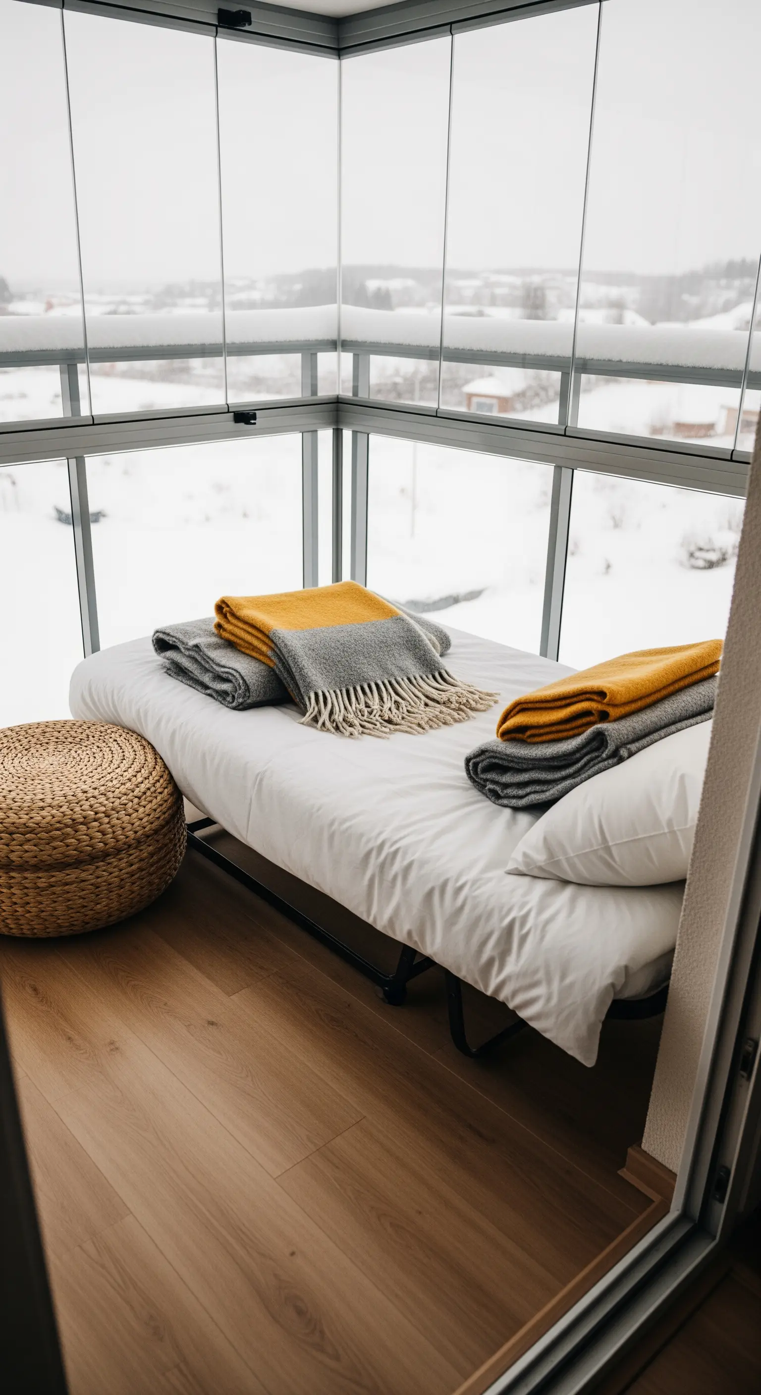 Veranda chiusa con lettino, coperte di lana bicolore gialle e grigie e pouf in iuta.