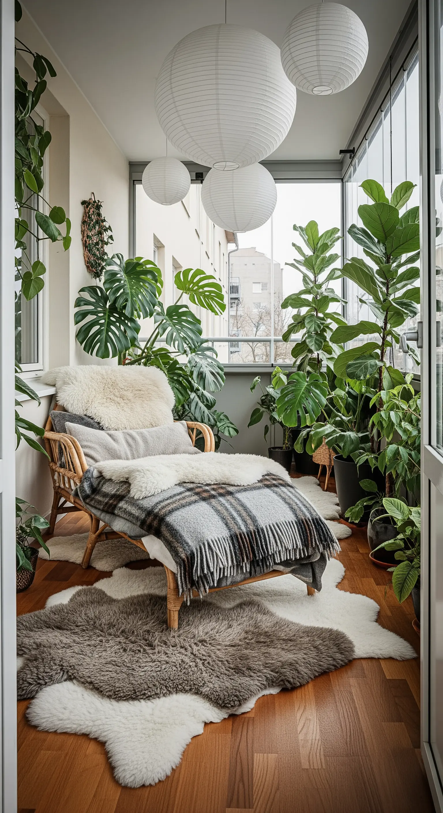 Veranda luminosa piena di piante, con chaise longue in rattan e pelli di pecora.