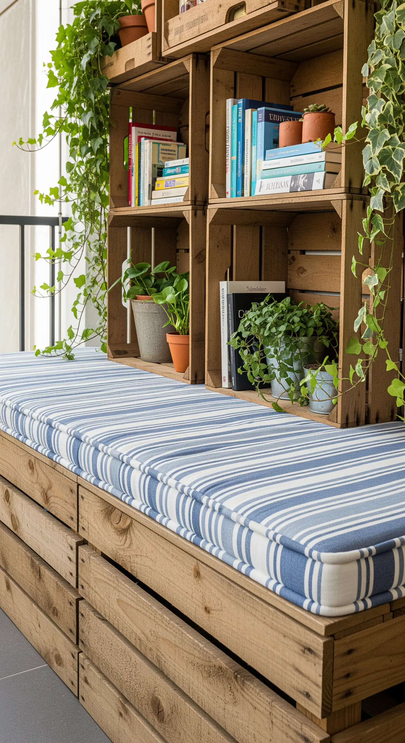 Panca e scaffali realizzati con cassette di legno, con un lungo cuscino a righe blu.