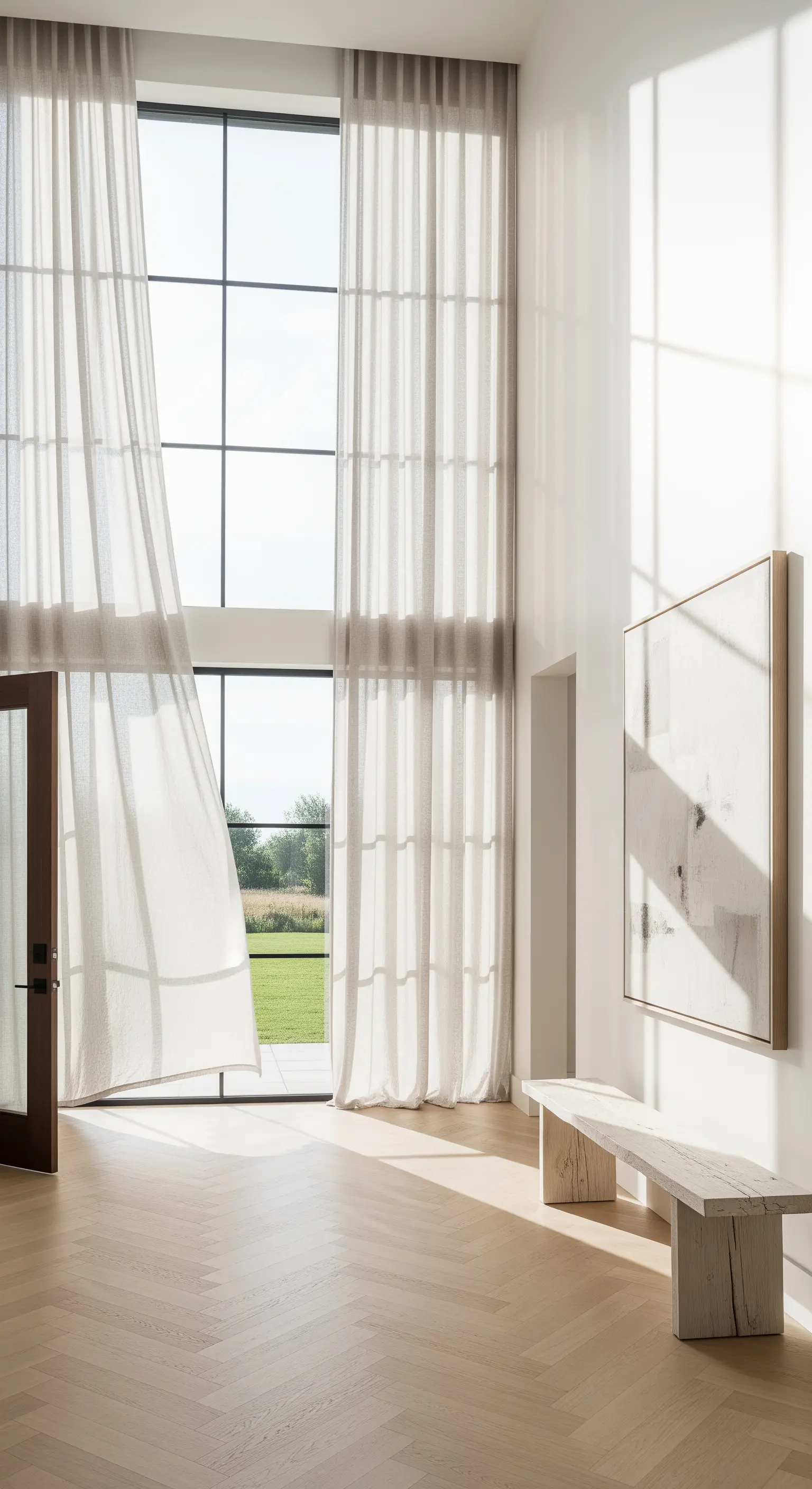 Ingresso a doppia altezza con tende in lino, parquet a spina di pesce e panca in legno grezzo.