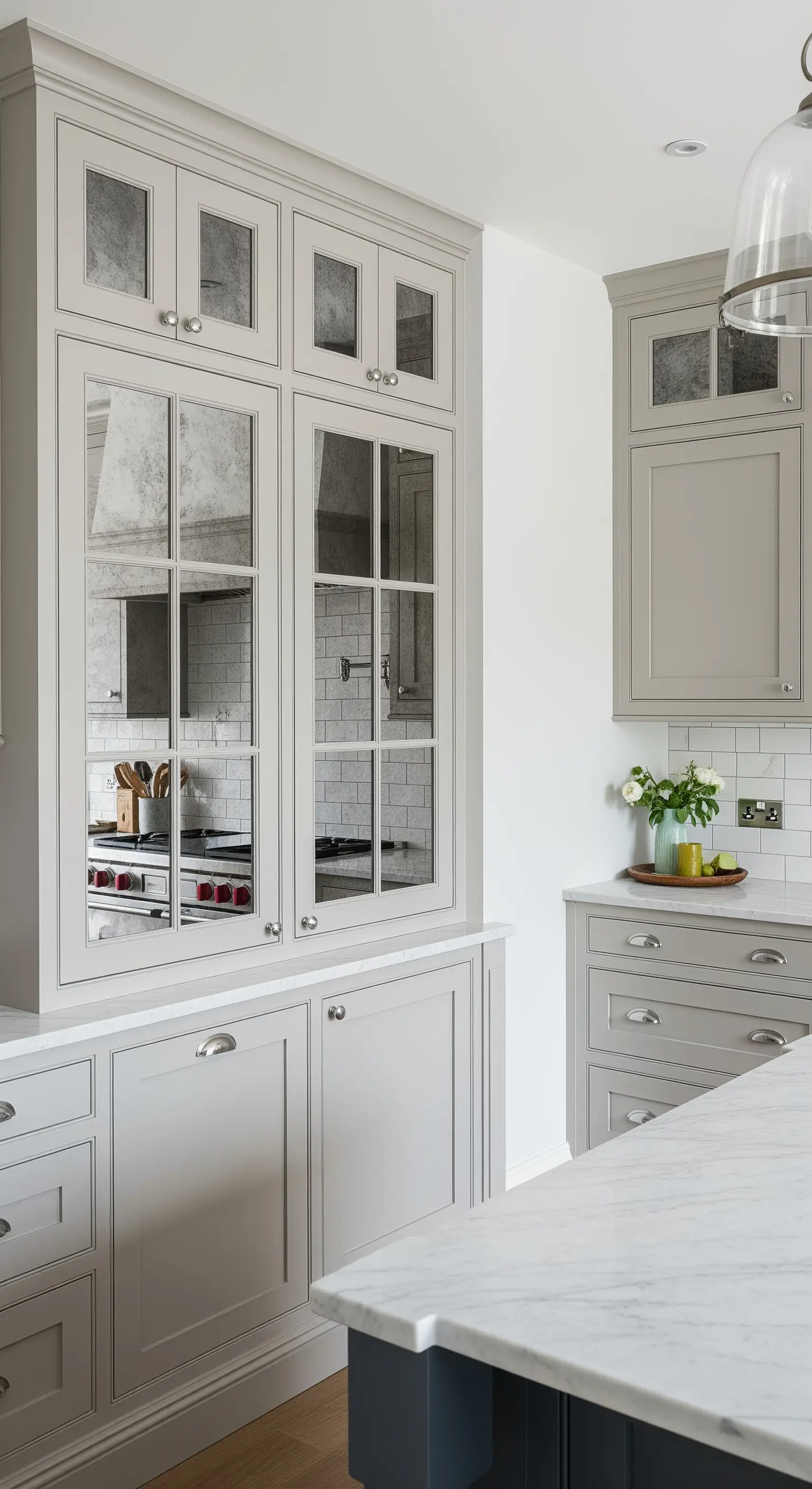 Credenza grigia in stile classico con ante a specchio anticato e griglie.