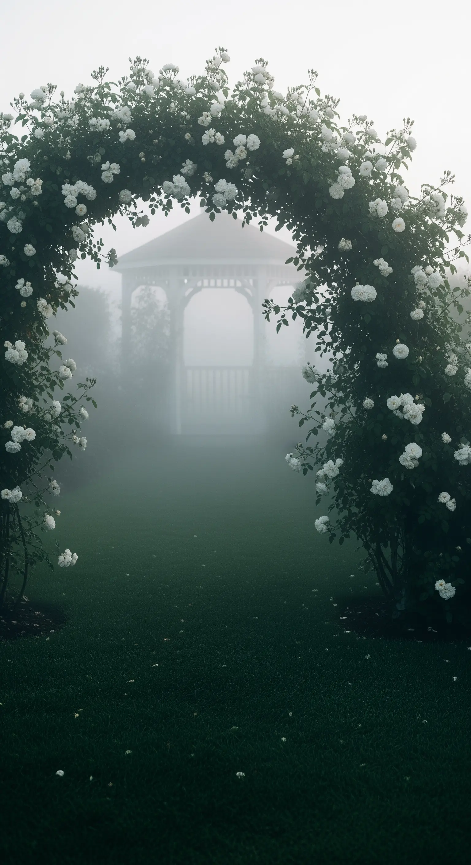 Arco di rose bianche che incornicia un gazebo appena visibile in un giardino avvolto dalla nebbia.