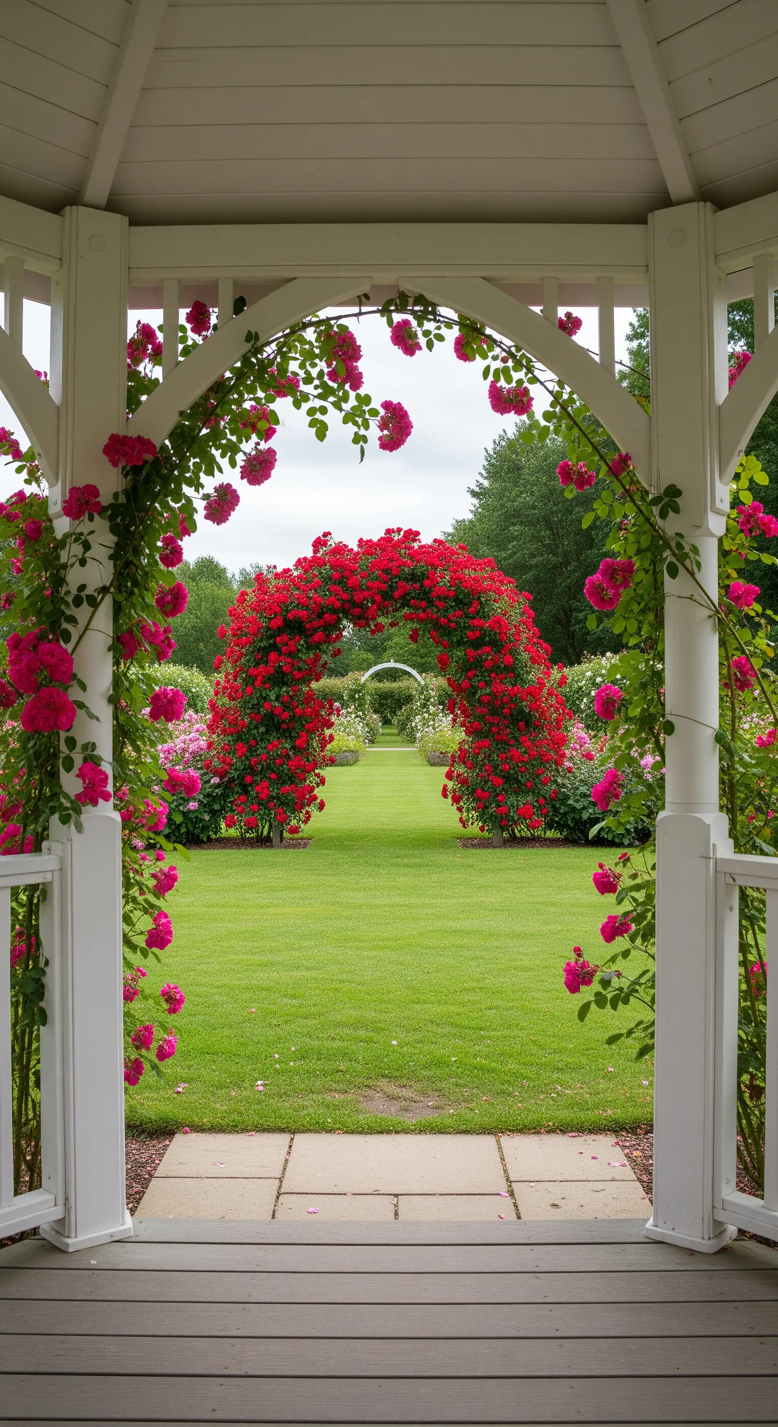 Vista dall'interno di un gazebo bianco, che incornicia un lussureggiante arco di rose rosse in lontananza.