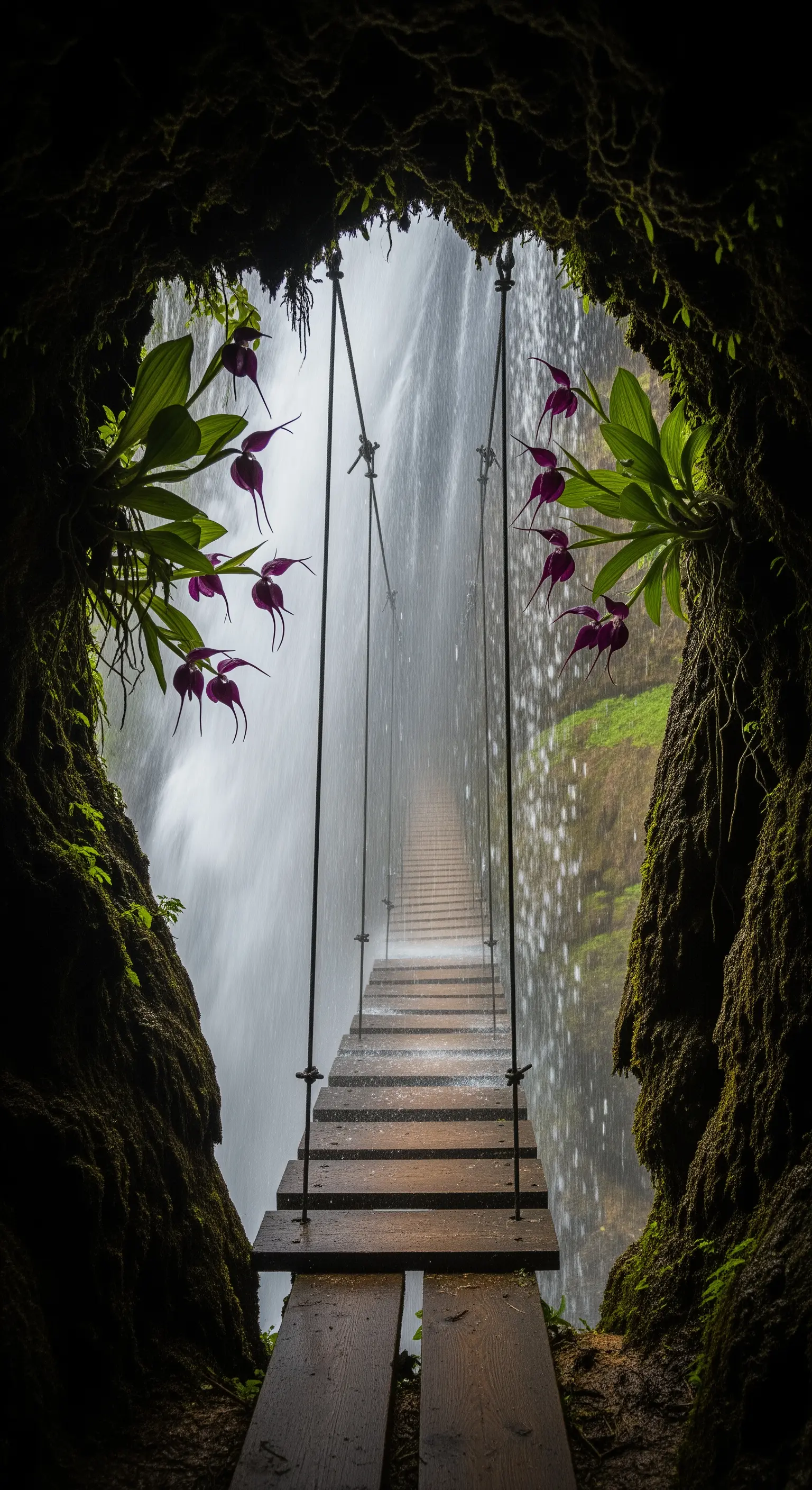 Vista di una passerella e di una cascata incorniciata dall'ingresso di una grotta.