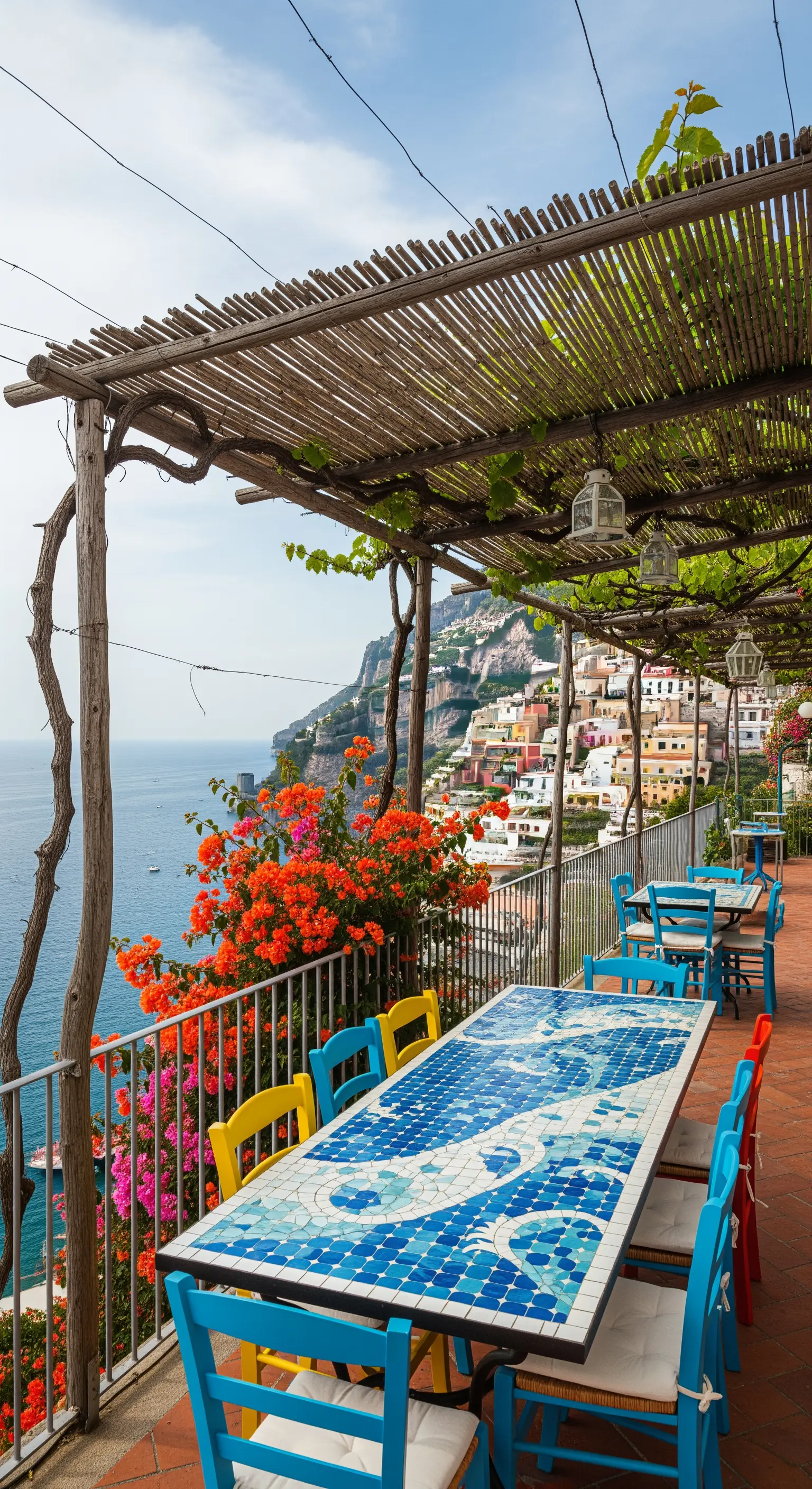 Lunga tavolata in mosaico blu con sedie colorate su una terrazza affacciata sul mare.