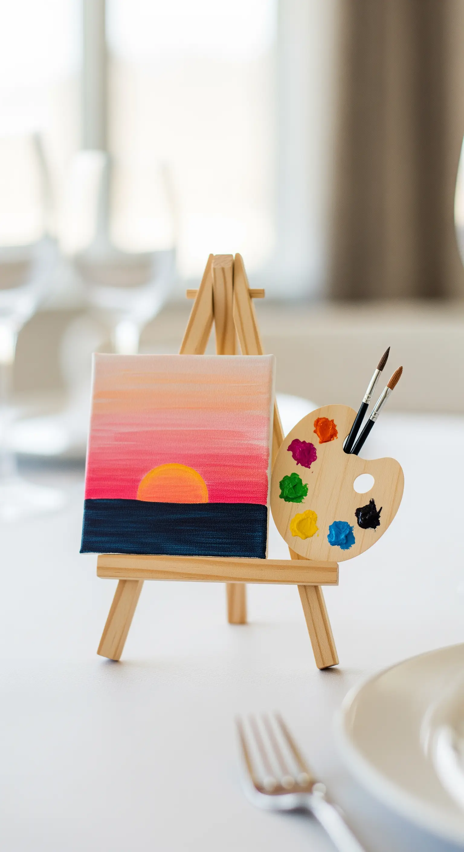 Mini cavalletto con una piccola tela dipinta con un tramonto e una tavolozza di colori.