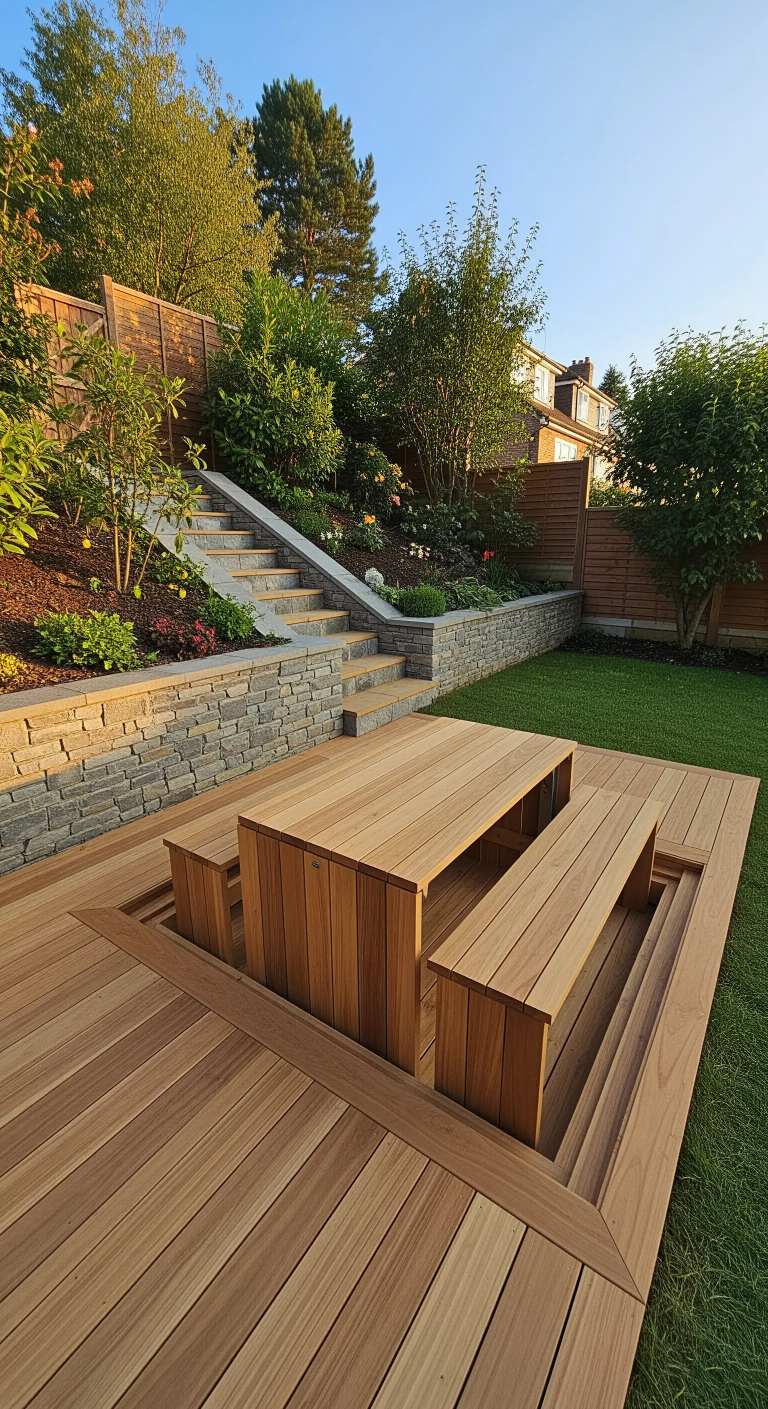 Tavolo da picnic in legno costruito a livello del pavimento all'interno di una terrazza in legno.