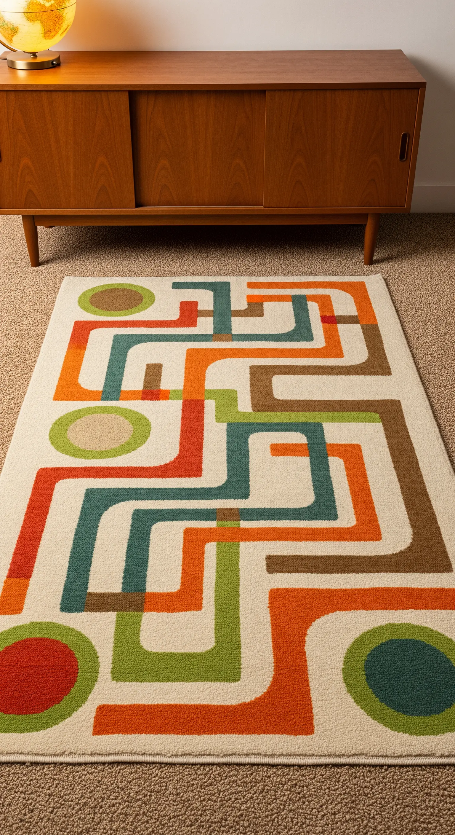 Tappeto con motivo geometrico colorato in stile anni '70, davanti a un mobile in legno.