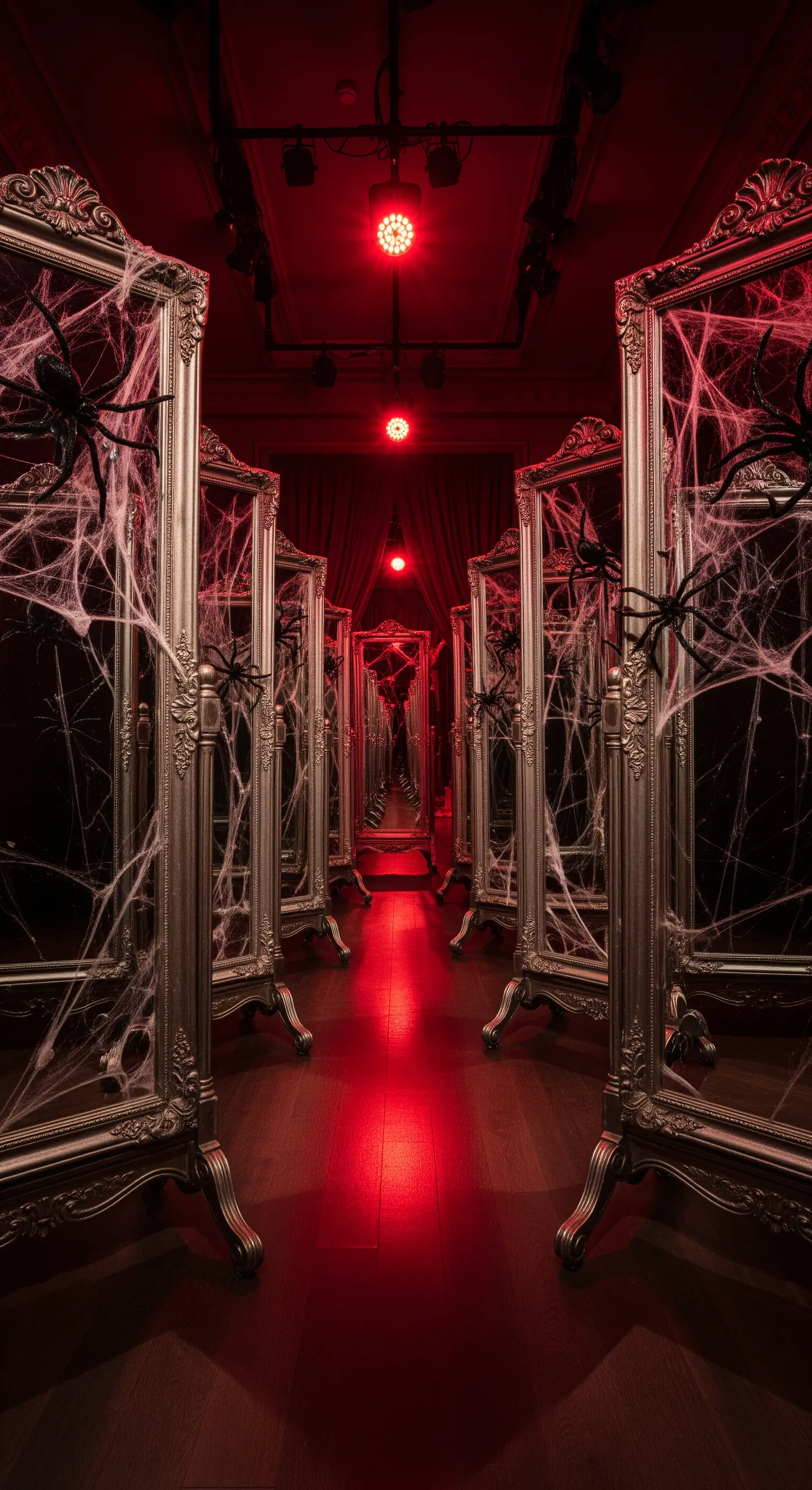 Stanza con specchiere ricoperte di ragnatele e ragni, illuminate di rosso.