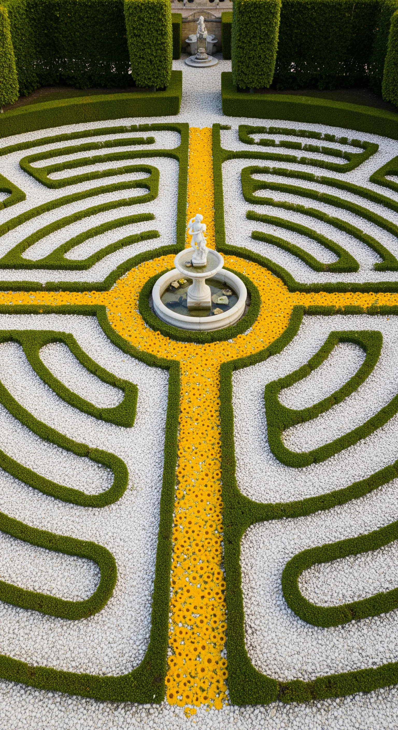 Labirinto da giardino con siepi di bosso, sentieri di fiori gialli e una fontana centrale.