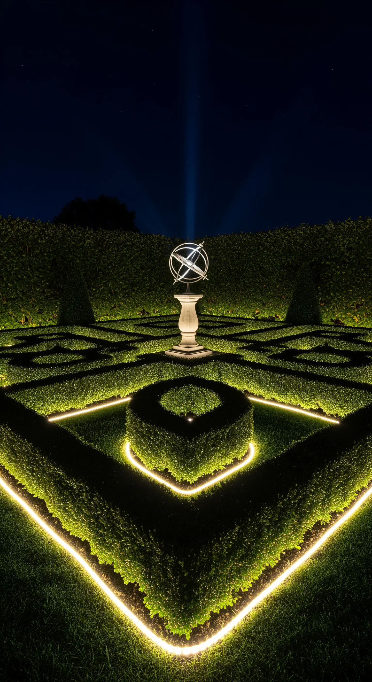 Giardino all'italiana con siepi geometriche bordate da strisce di luce LED di notte.