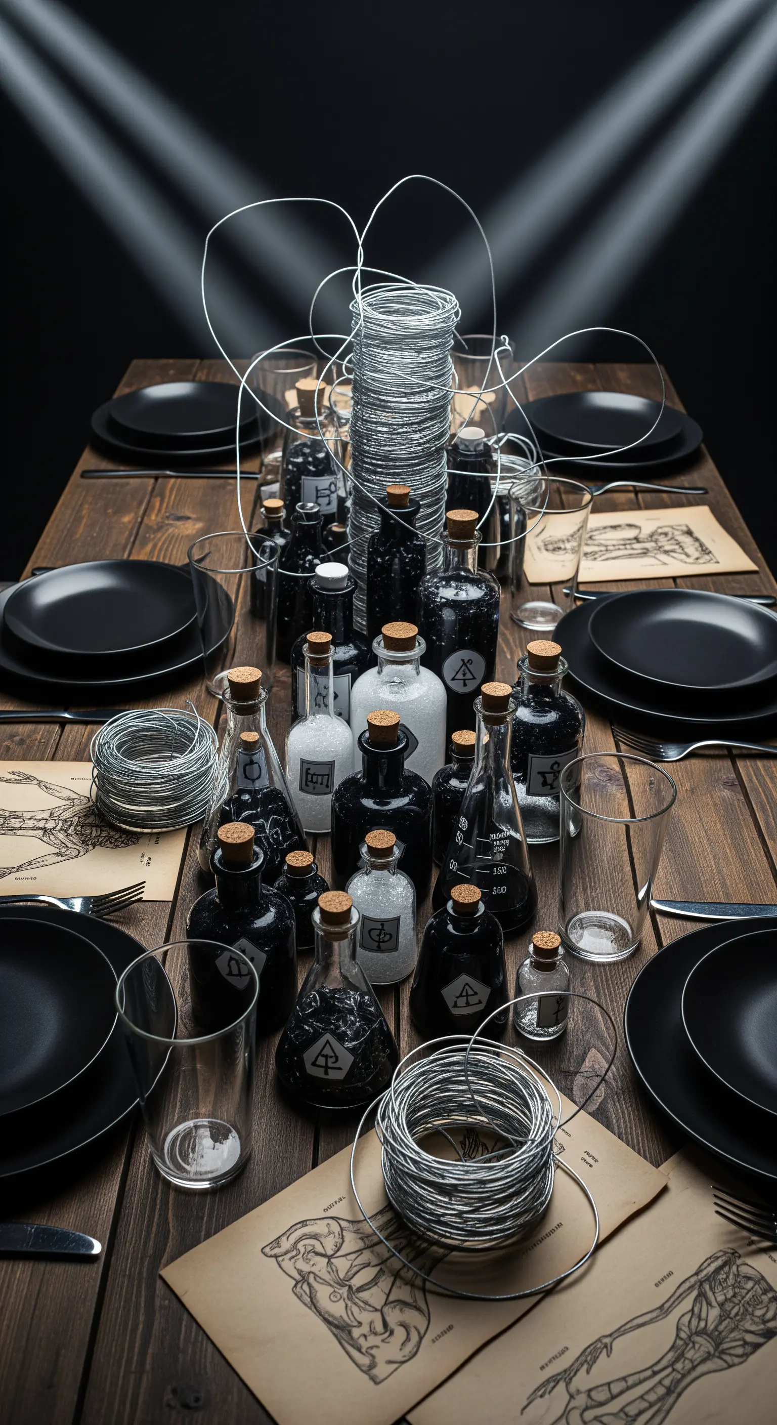 Tavola a tema alchemico con ampolle, pozioni, piatti neri e disegni anatomici.