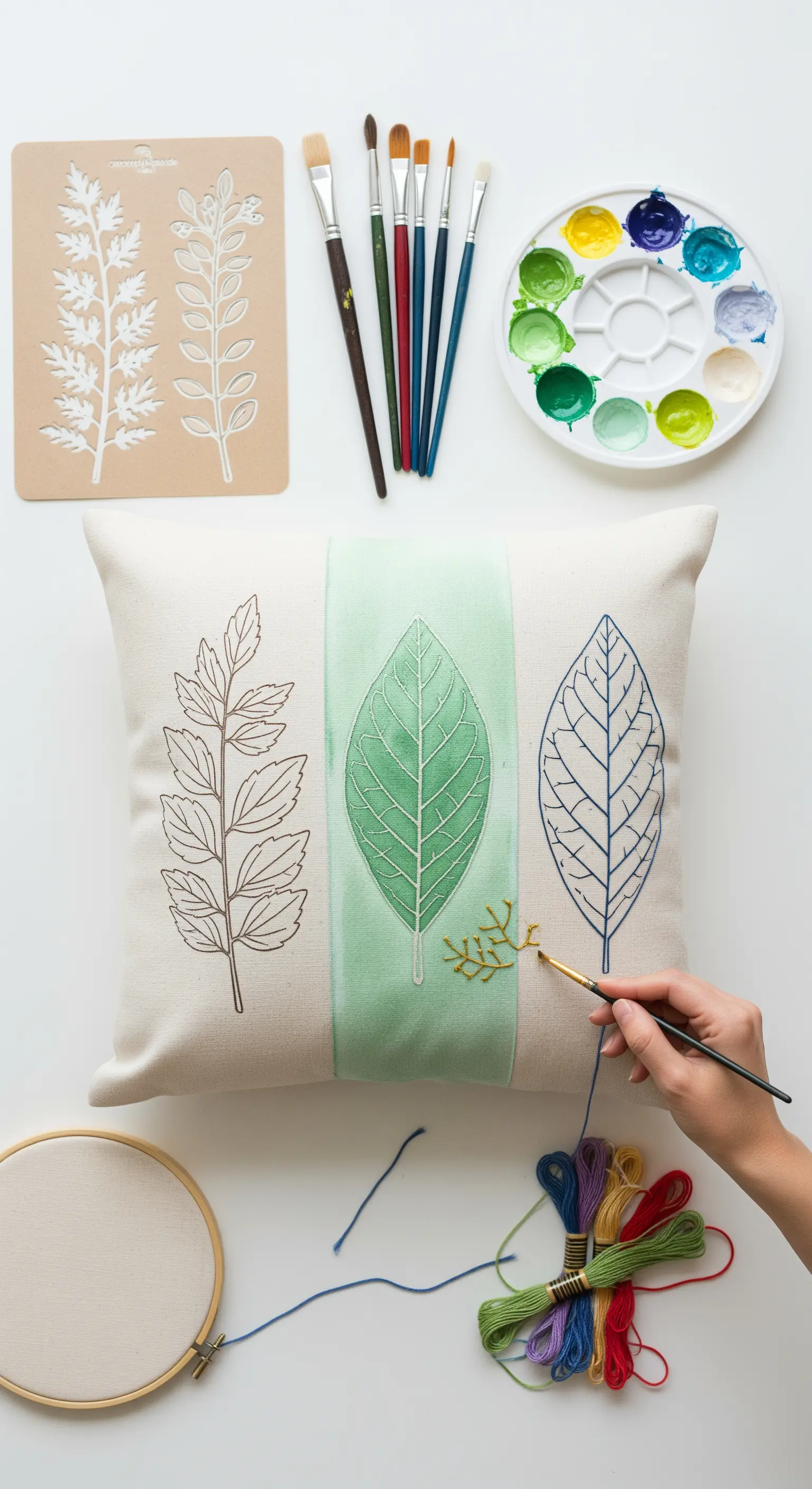 Cuscino che mostra tre tecniche per decorare foglie: contorno, pittura e ricamo.