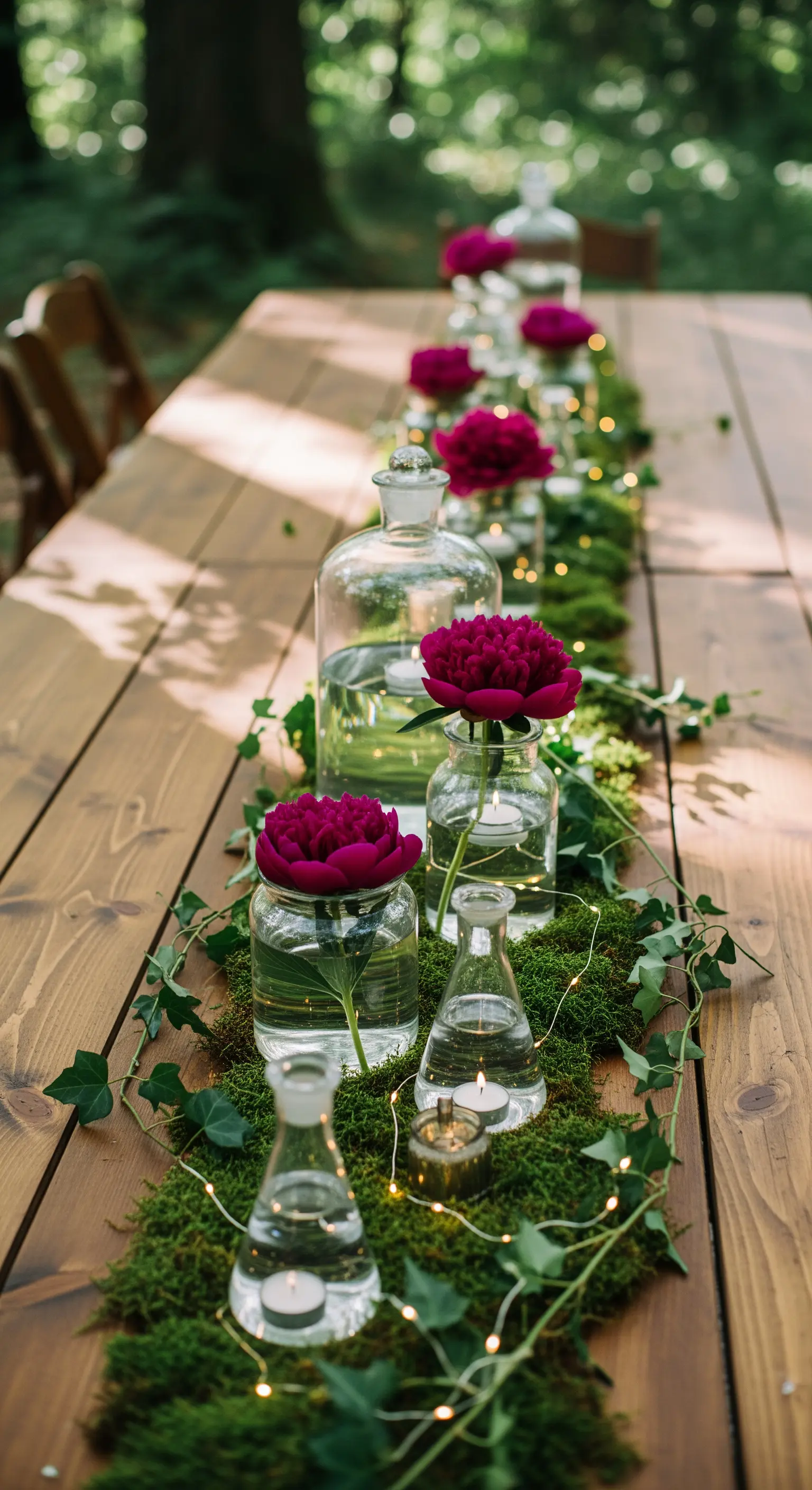 Runner di muschio su tavolo di legno con peonie magenta in ampolle di vetro e luci a LED.